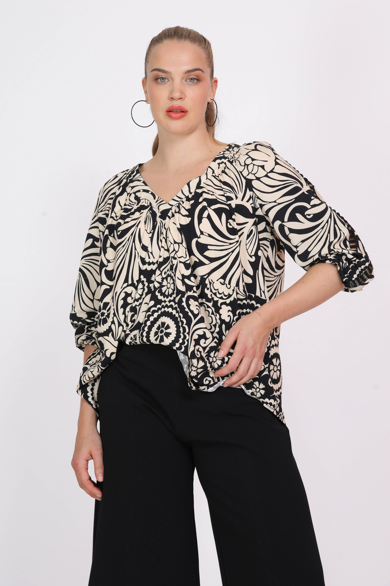 Printed viscose blouse with braid