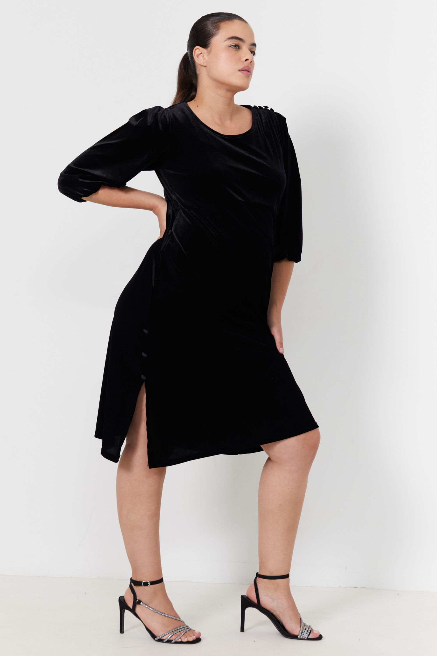 Smooth stretch velvet dress with decorative buttons