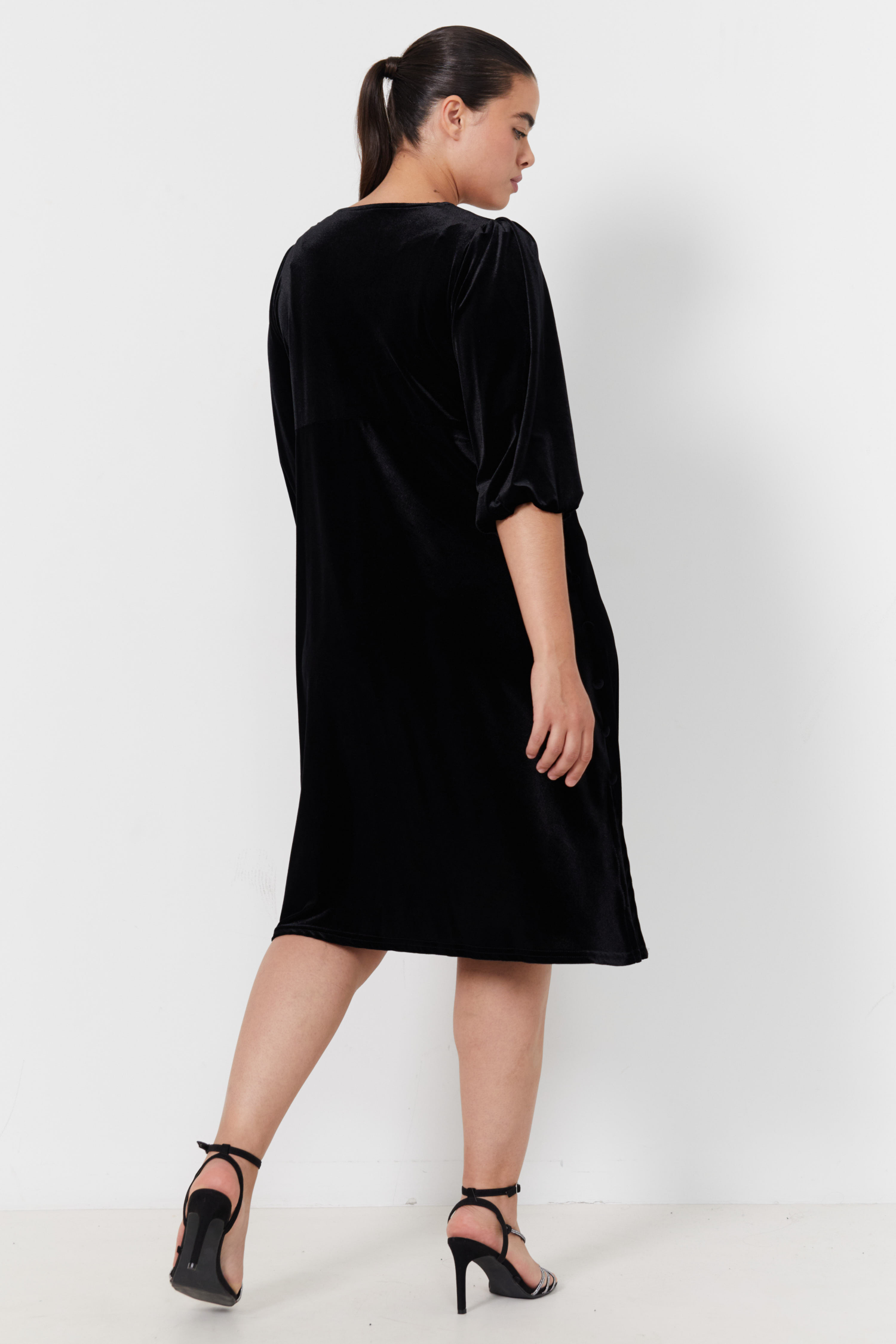 Smooth stretch velvet dress with decorative buttons