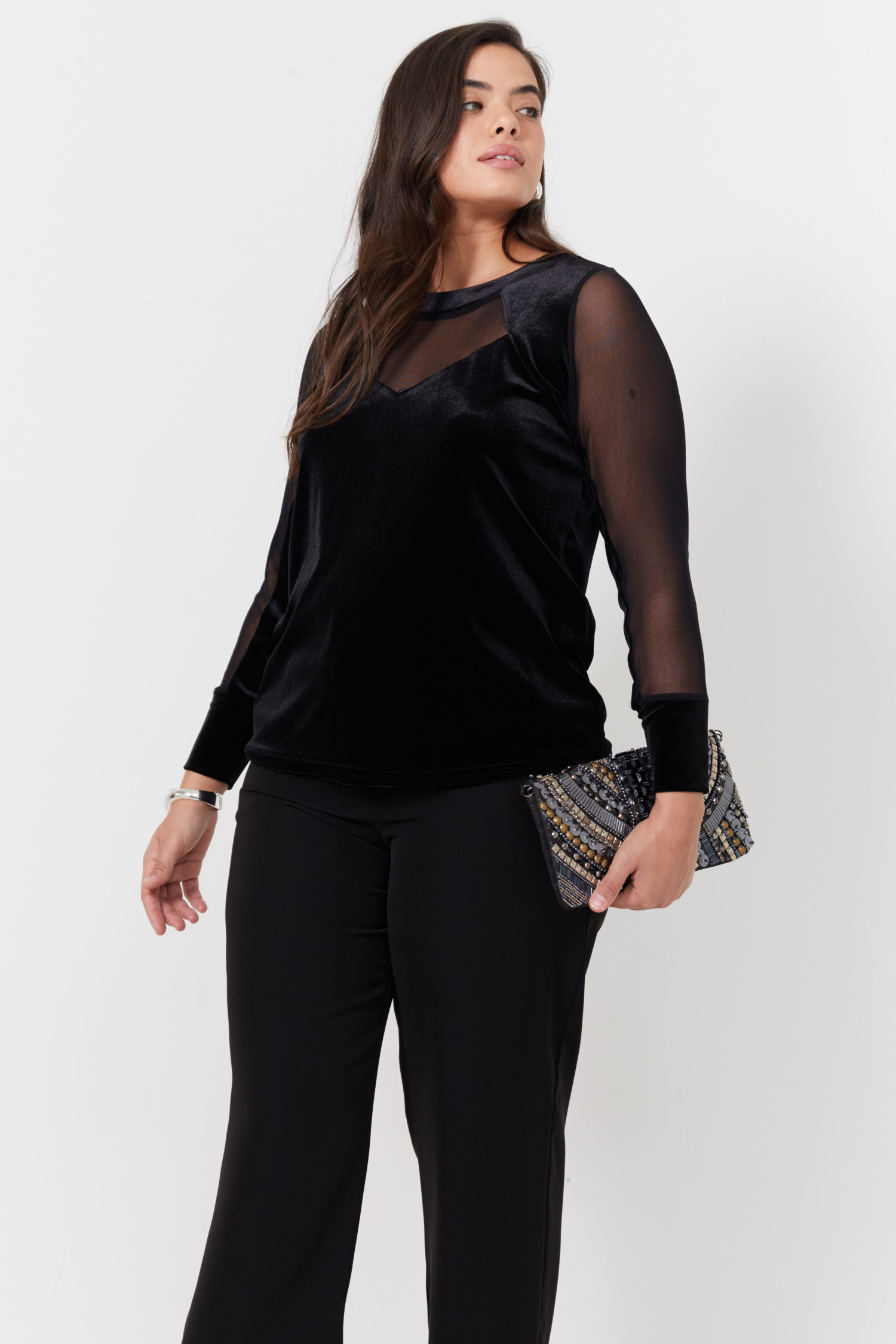 T-shirt in smooth stretch velvet and plain mesh