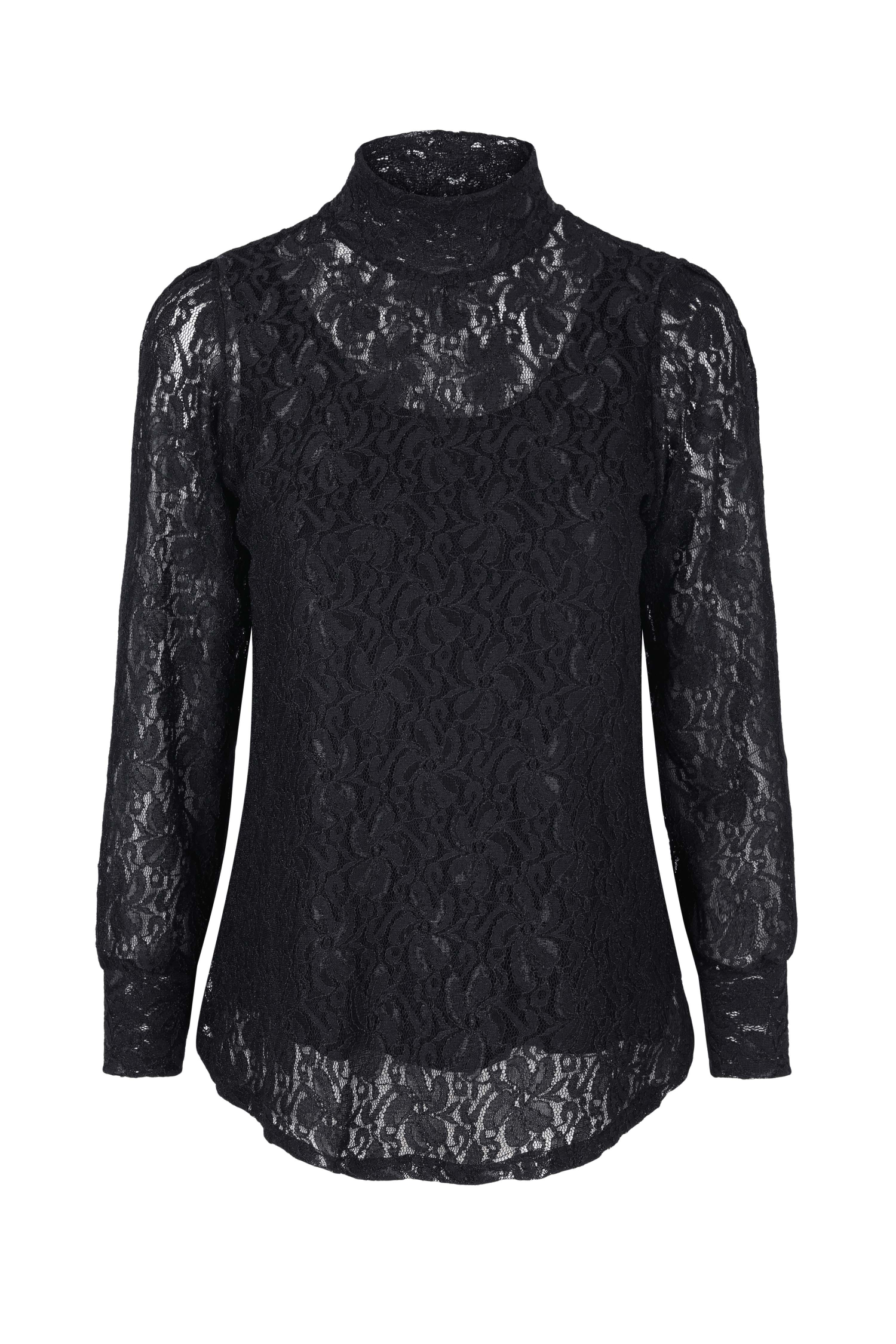 funnel neck jumper in lace with a plain top