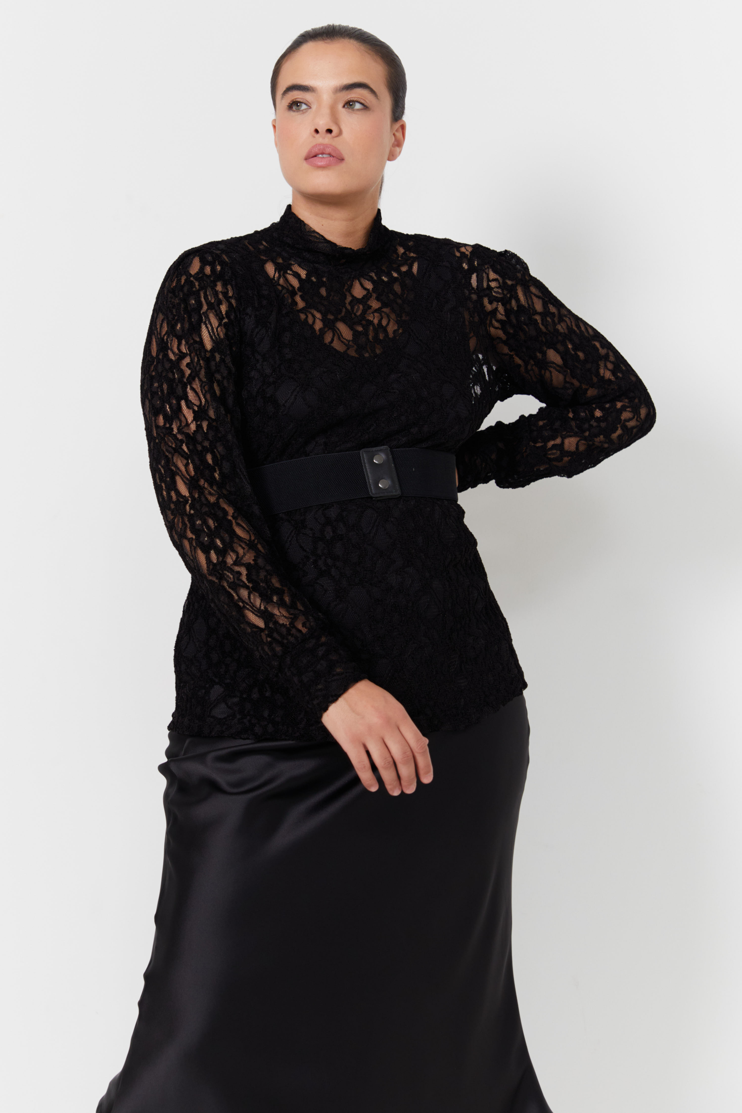 funnel neck jumper in lace with a plain top