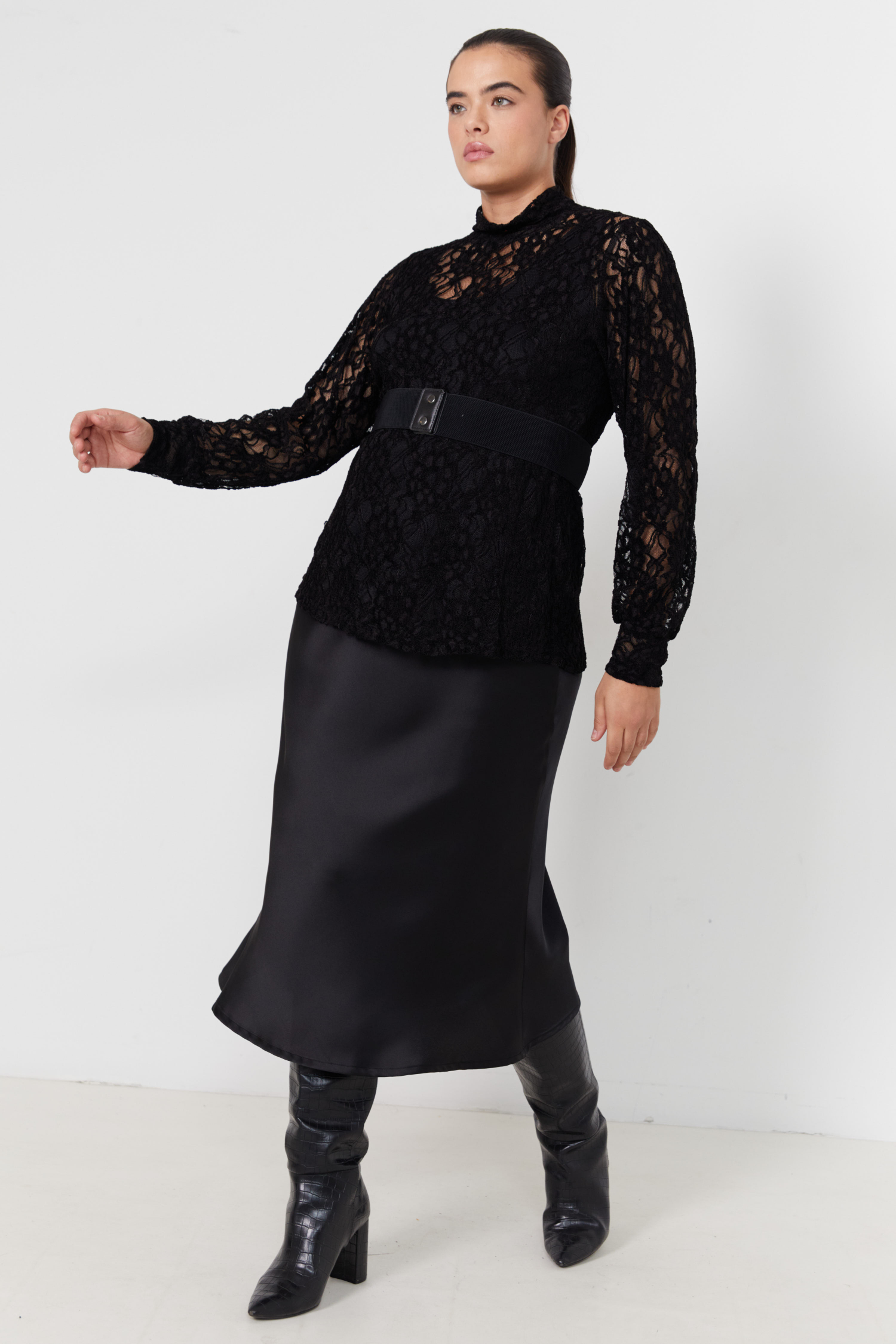 funnel neck jumper in lace with a plain top