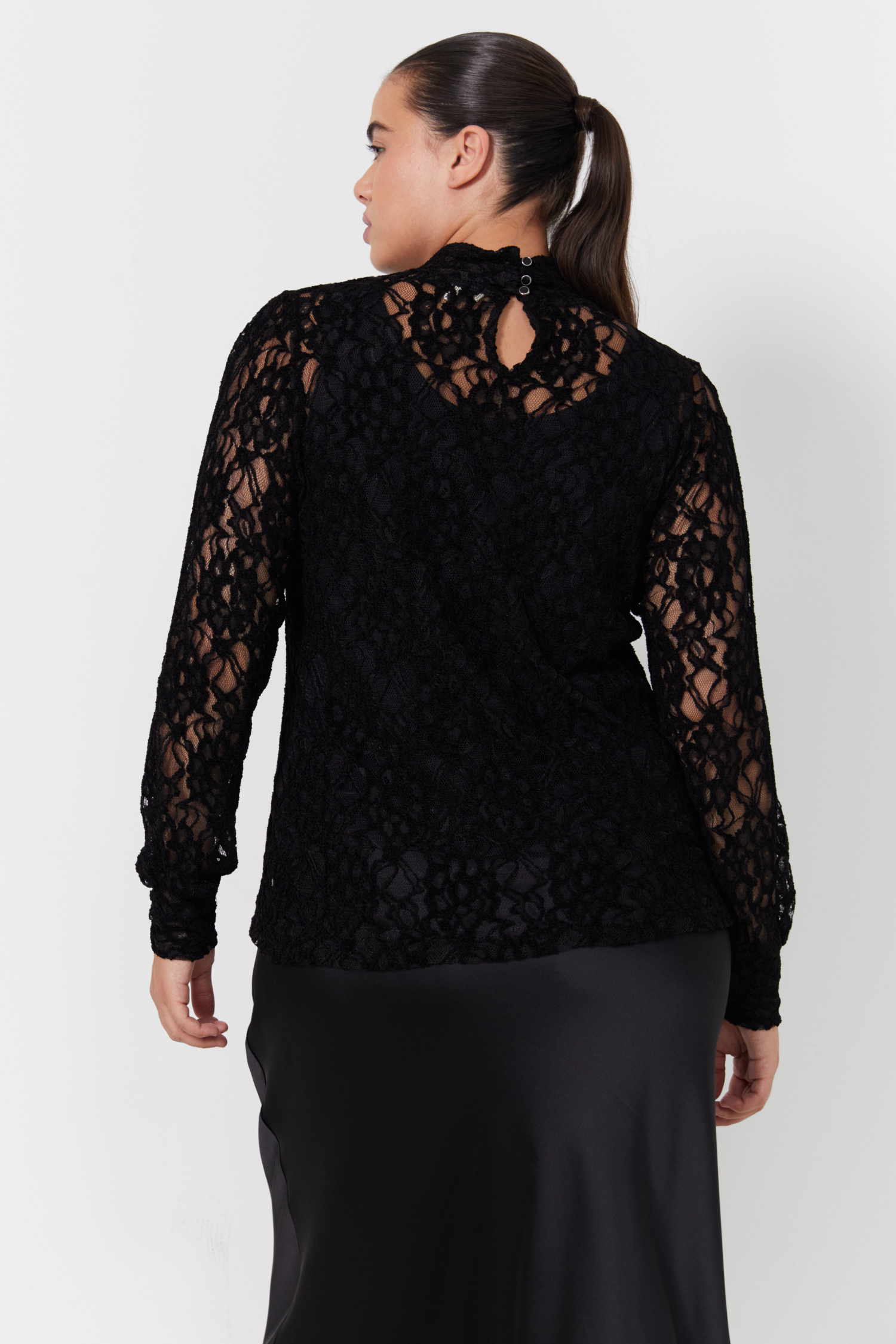 funnel neck jumper in lace with a plain top