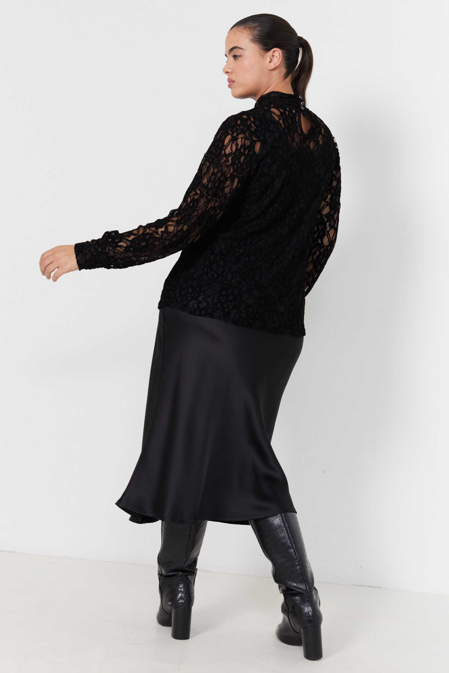 funnel neck jumper in lace with a plain top