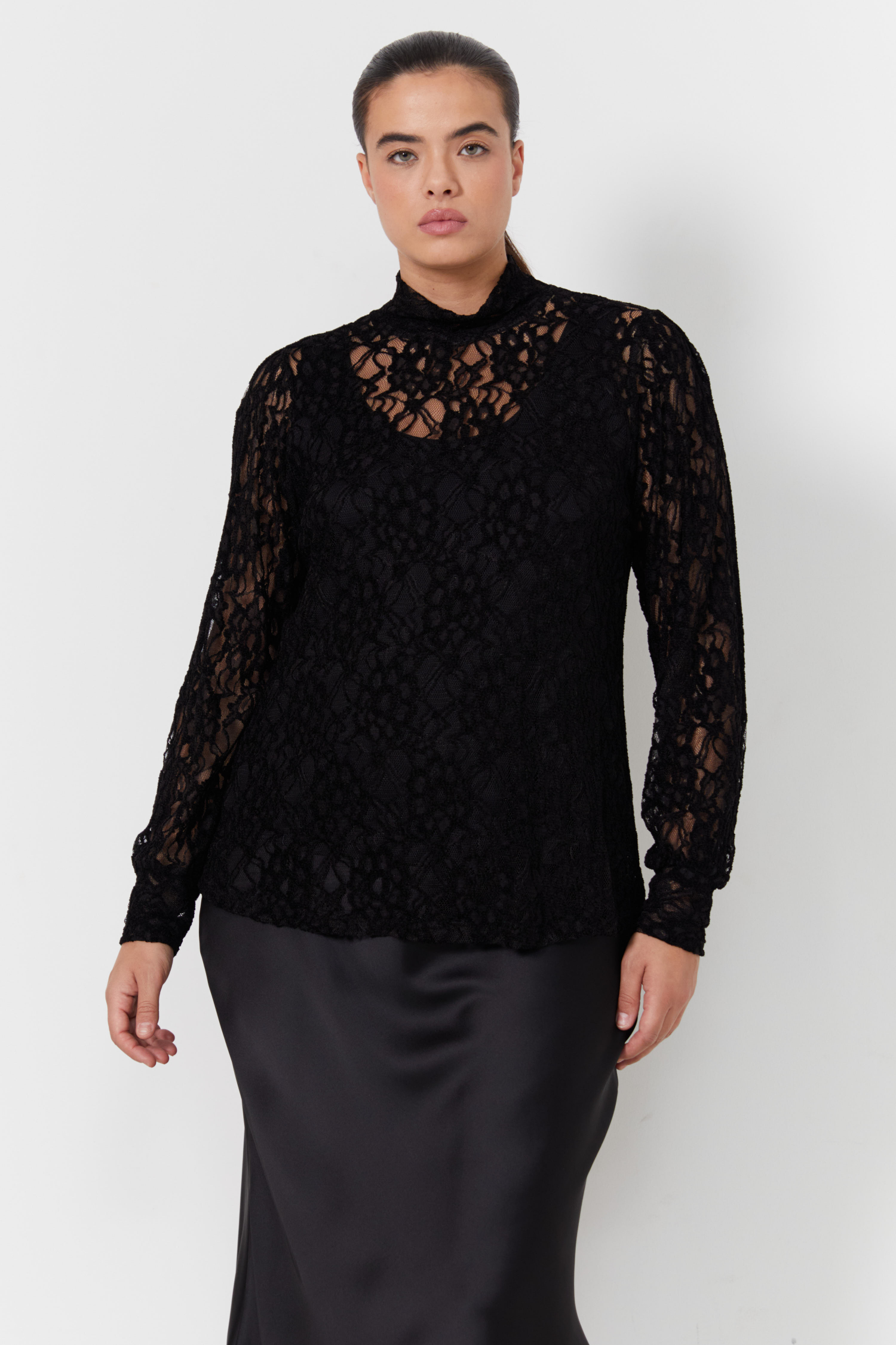 funnel neck jumper in lace with a plain top