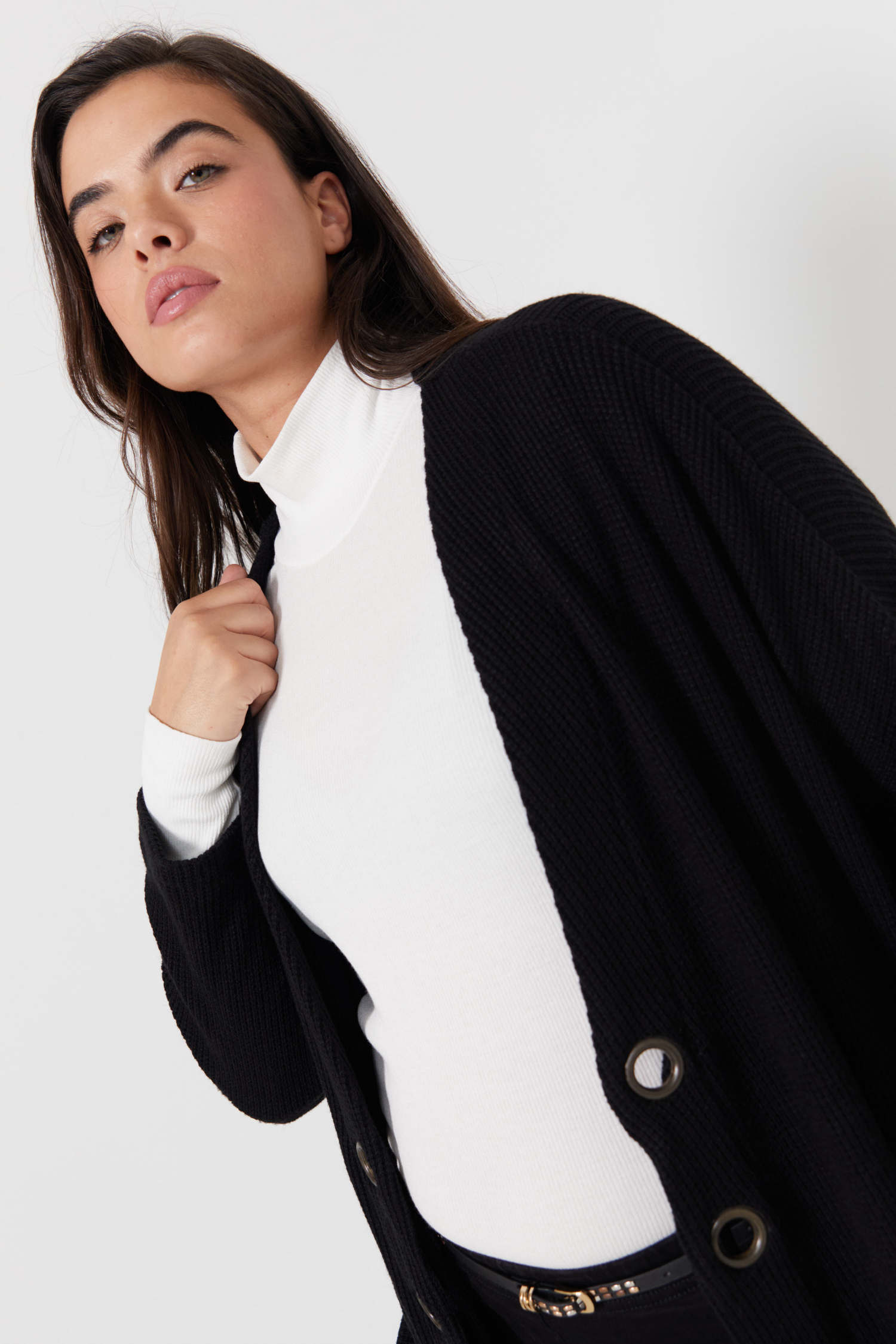 Long honeycomb knit cardigan with eyelets 