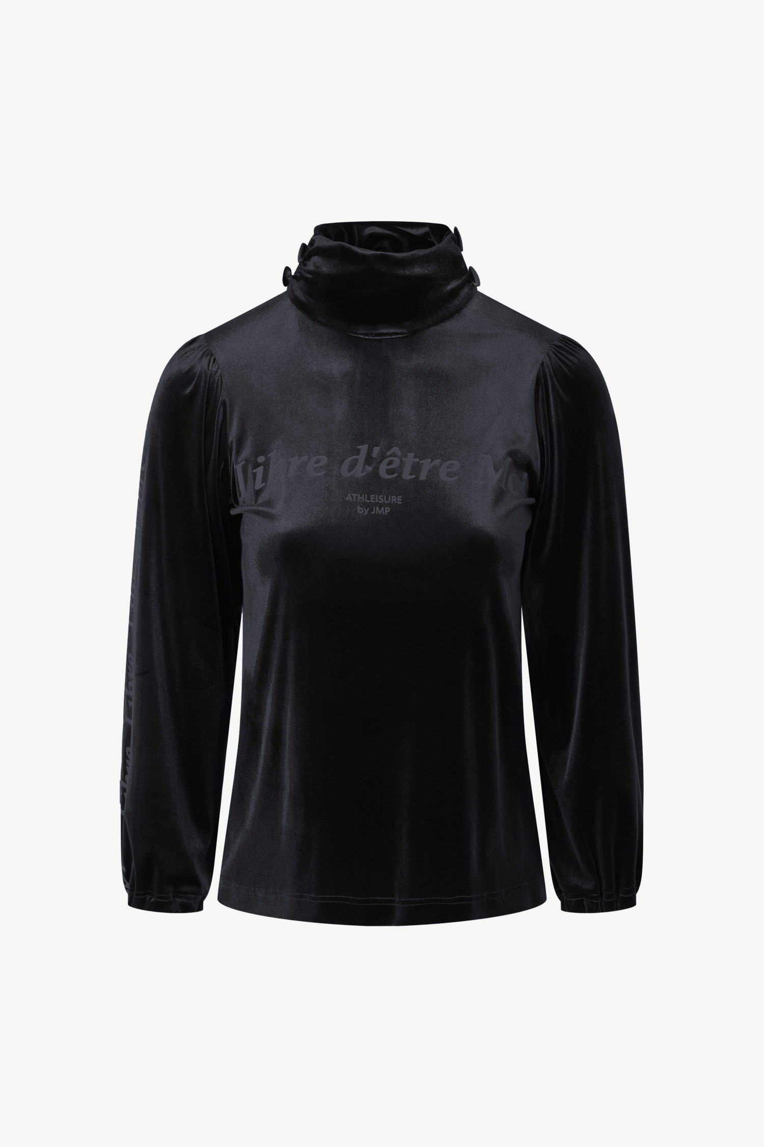 Smooth stretch velvet turtleneck sweater with screen printing