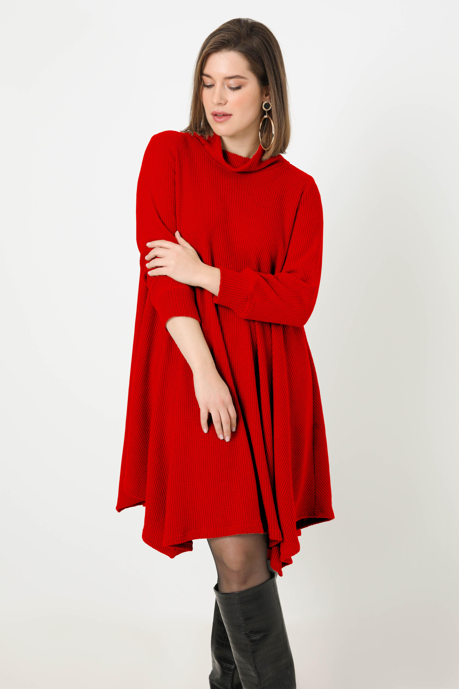 honeycomb knit turtleneck trapeze dress