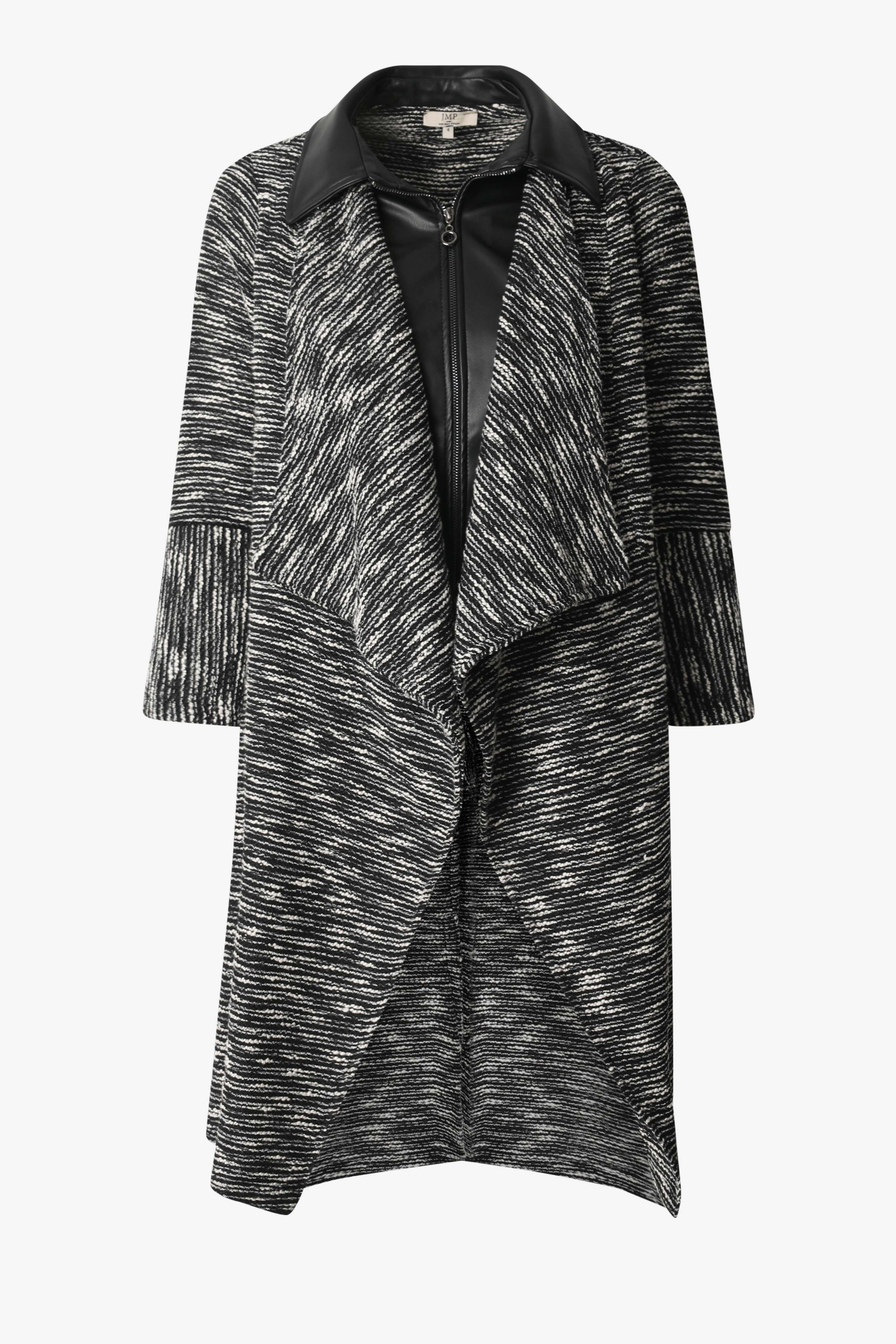 Long jacket in mottled knit and vegan leather