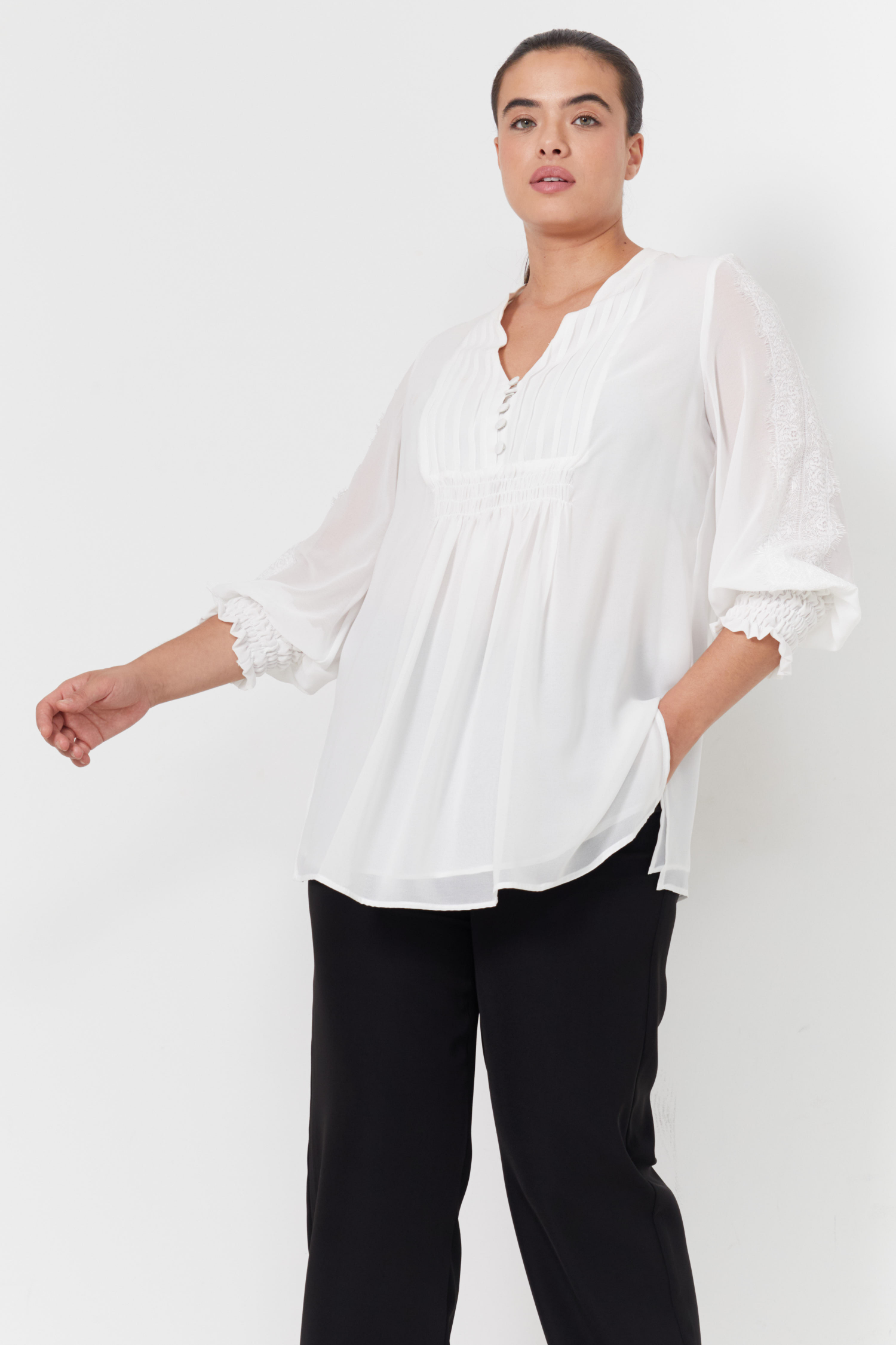 Plain voile blouse with lace