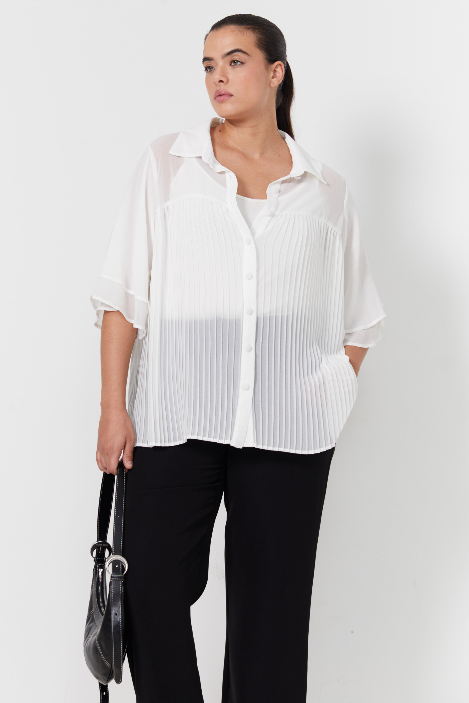 Shirt with plissé in plain voile