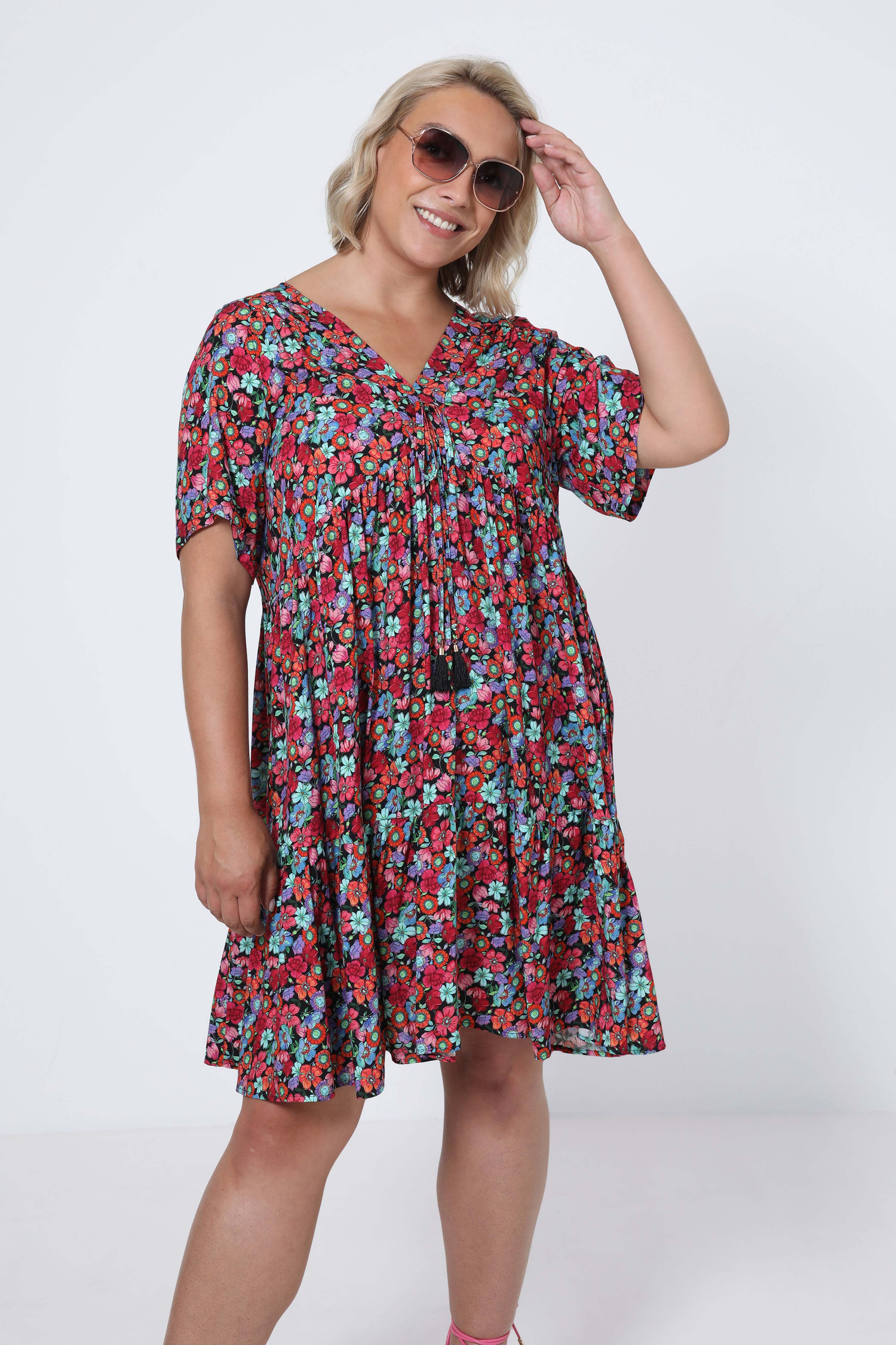 Mid-length dress in printed fibranne