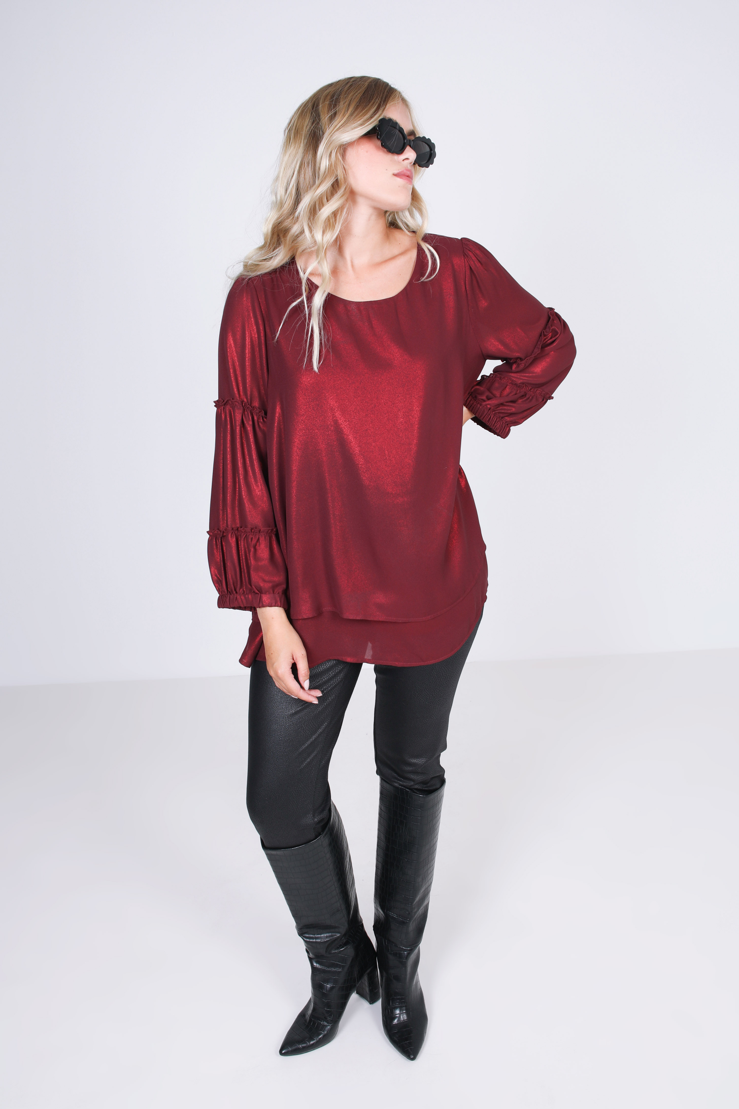 A-line blouse with sequin effect overlay