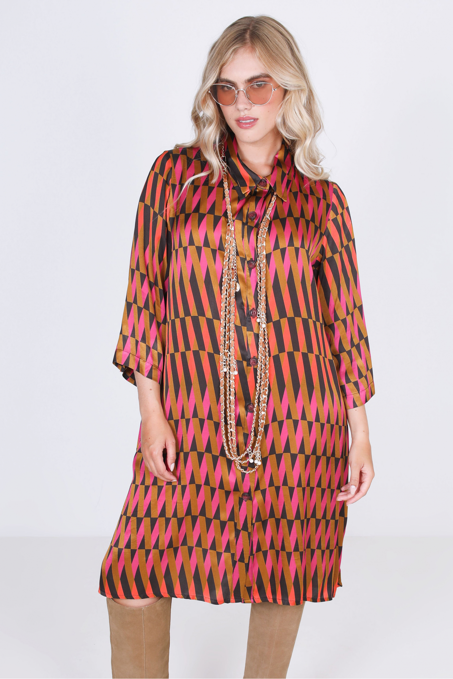 Printed satin shirt dress