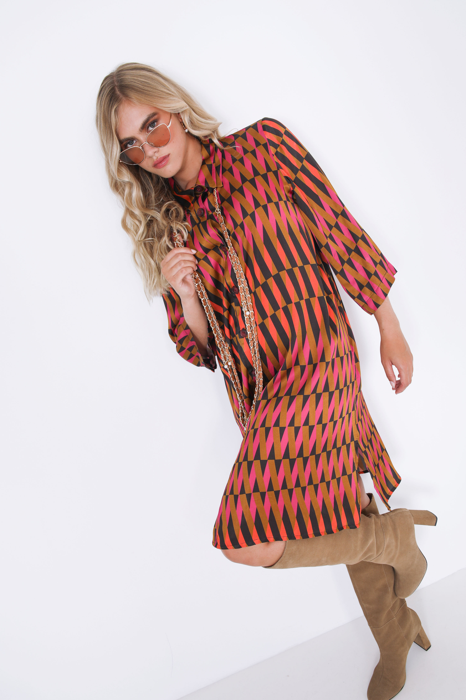 Printed satin shirt dress