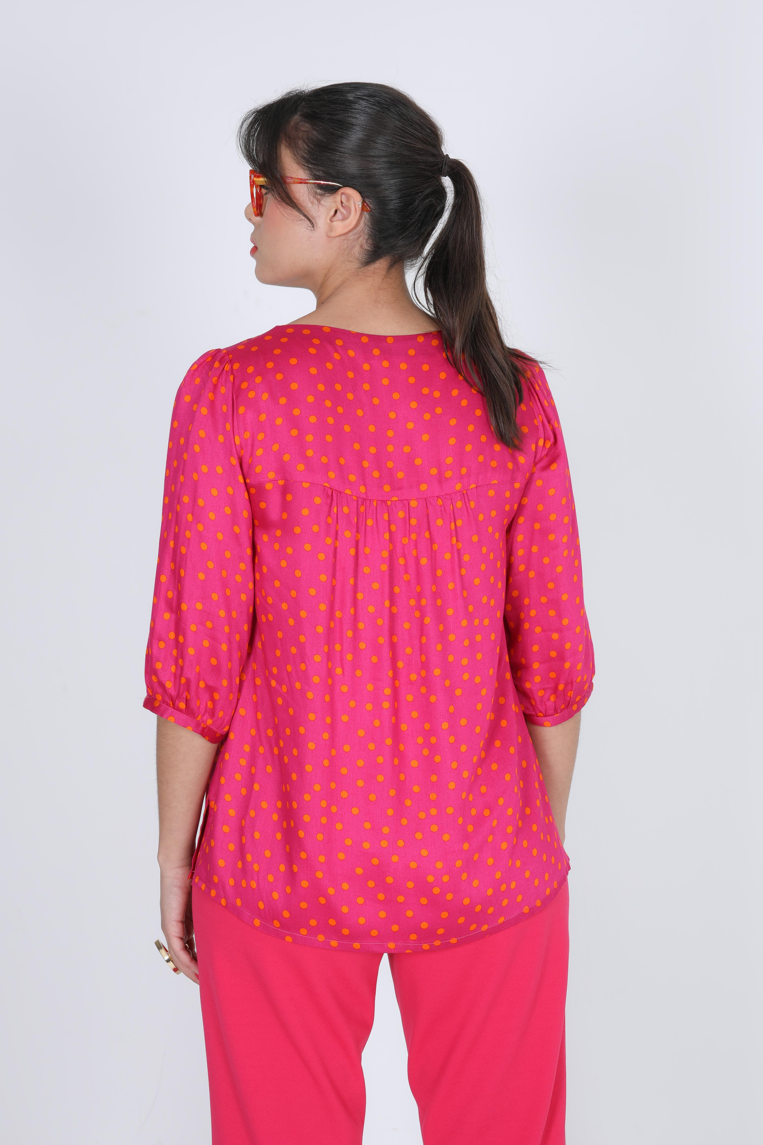 polka dot print satin effect blouse with square collar