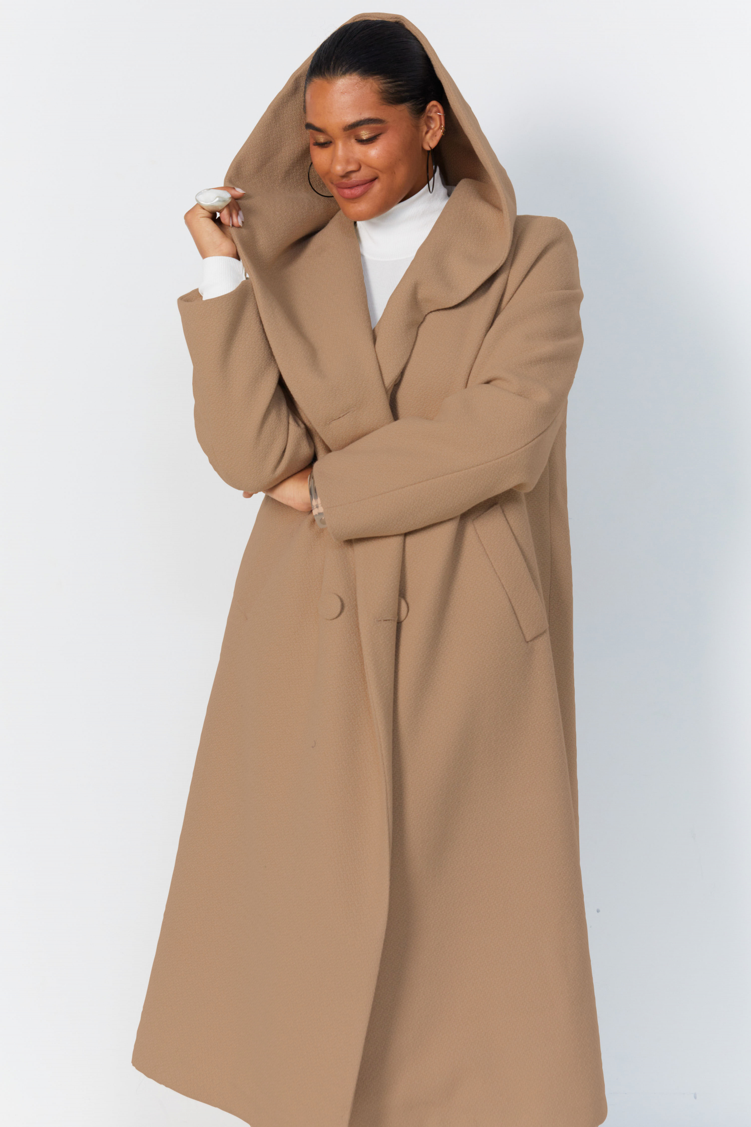 Long hooded coat with shawl collar