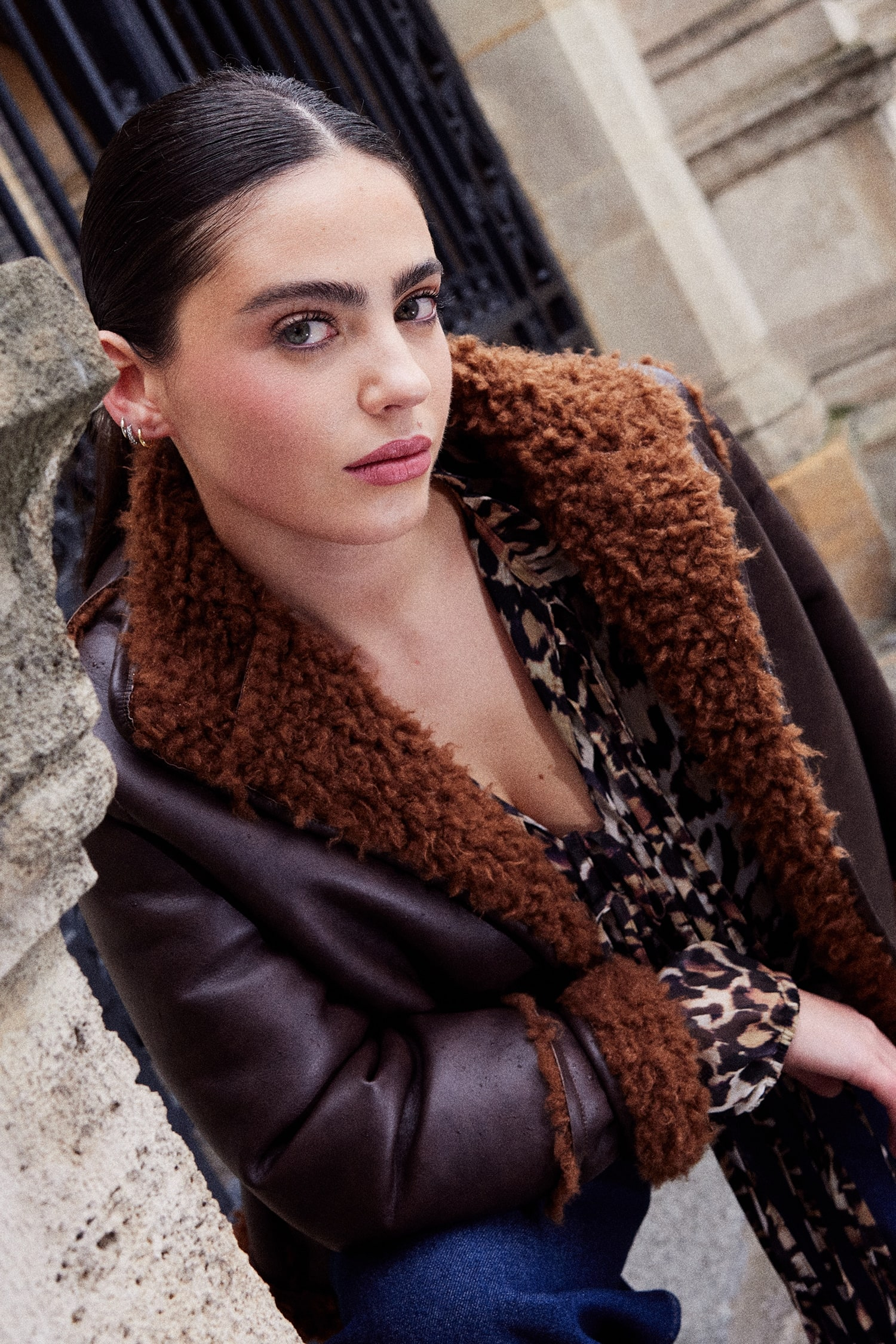 Veste Aviateur en Simili Cuir Marron avec Doublure Effet Laine