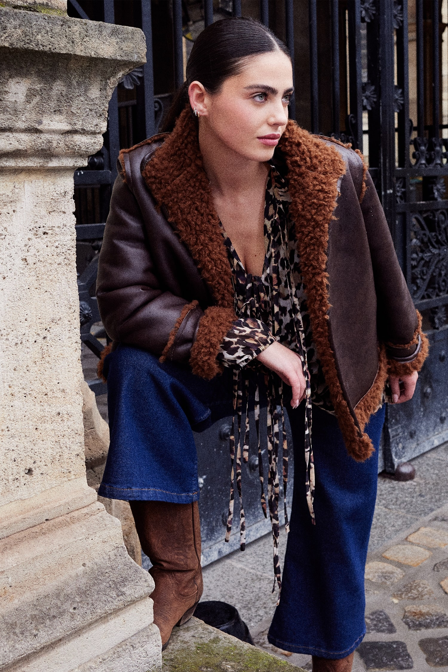 Veste Aviateur en Simili Cuir Marron avec Doublure Effet Laine