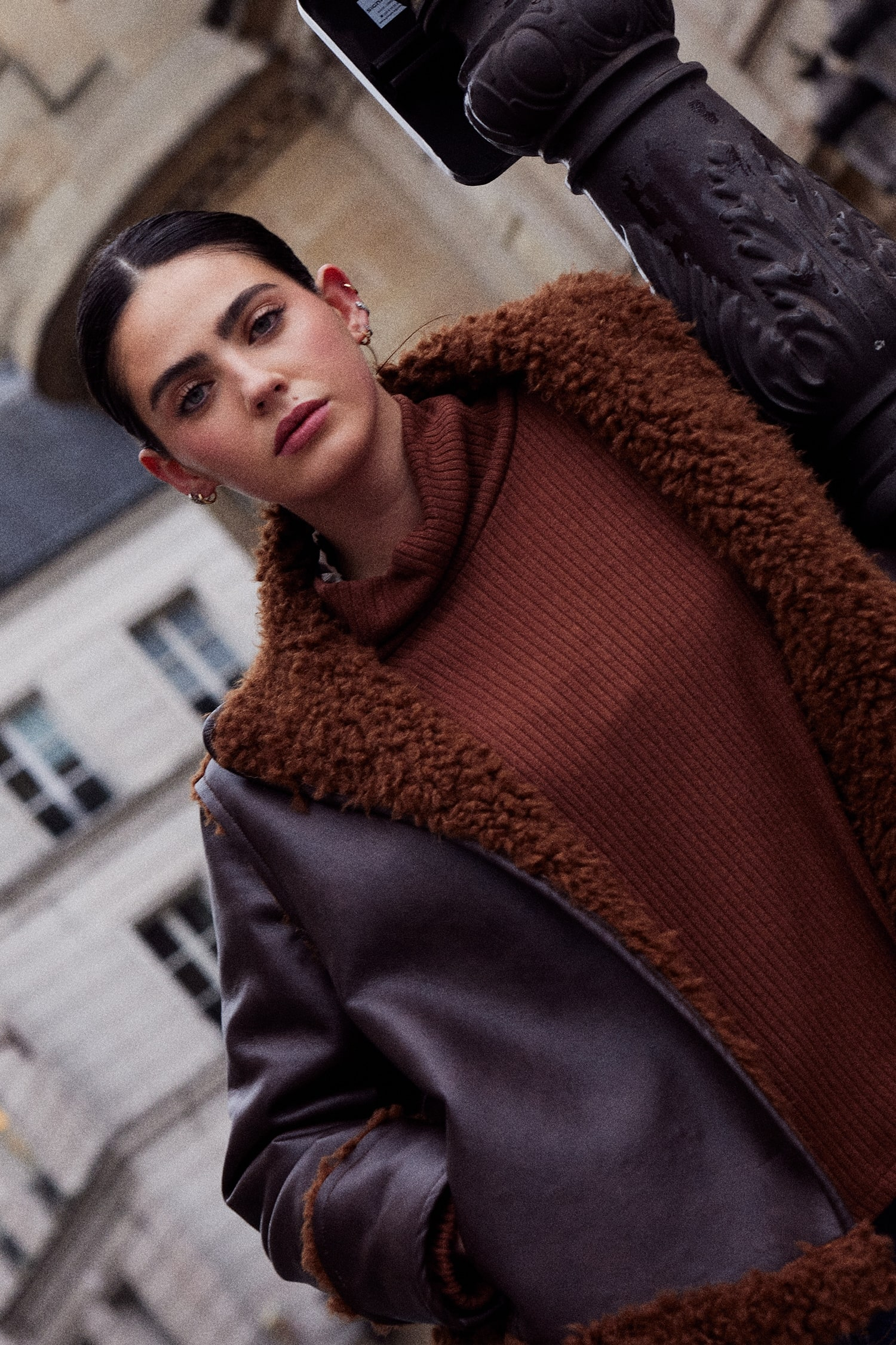 Veste Aviateur en Simili Cuir Marron avec Doublure Effet Laine