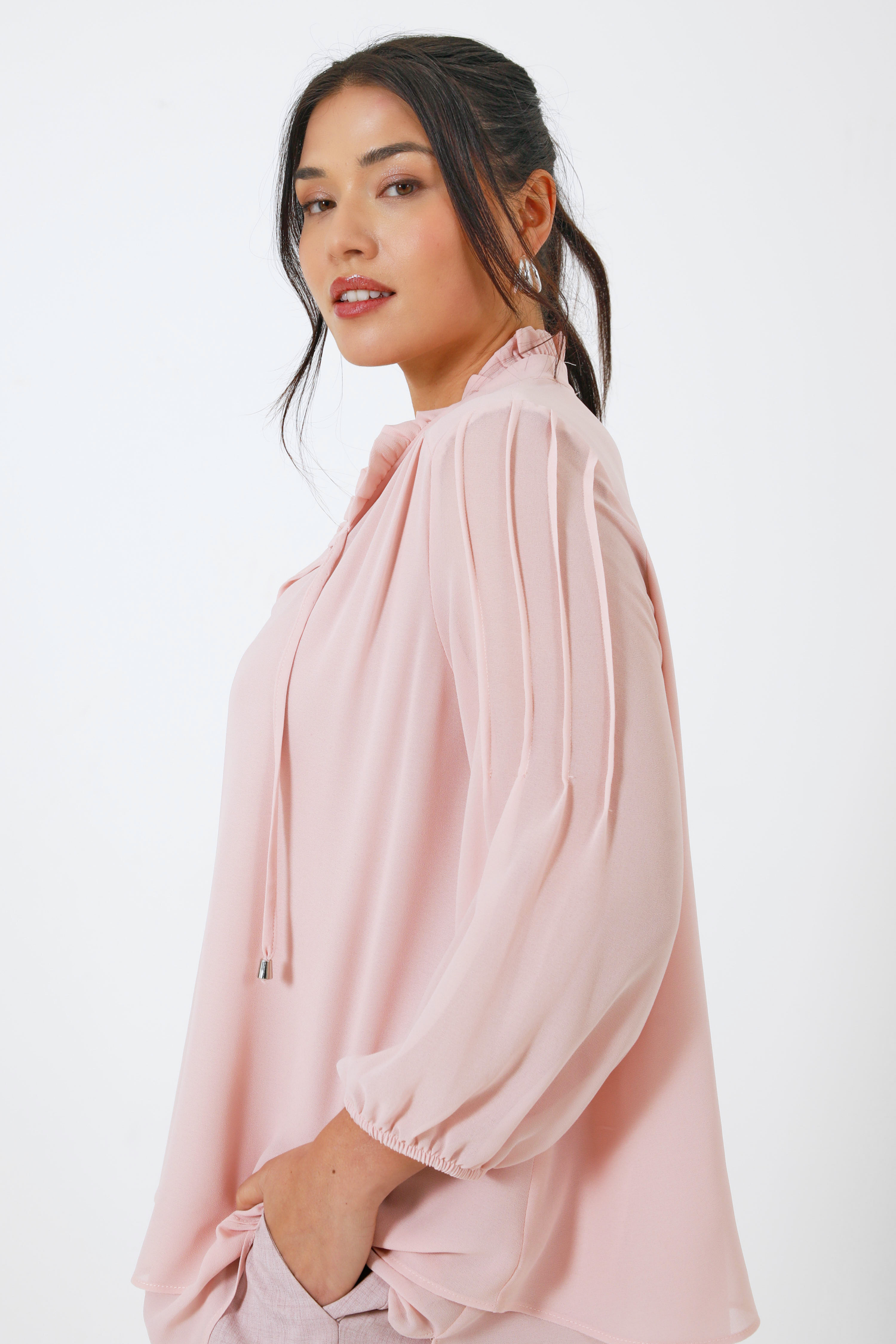 Plain voile blouse layered with a Mao collar