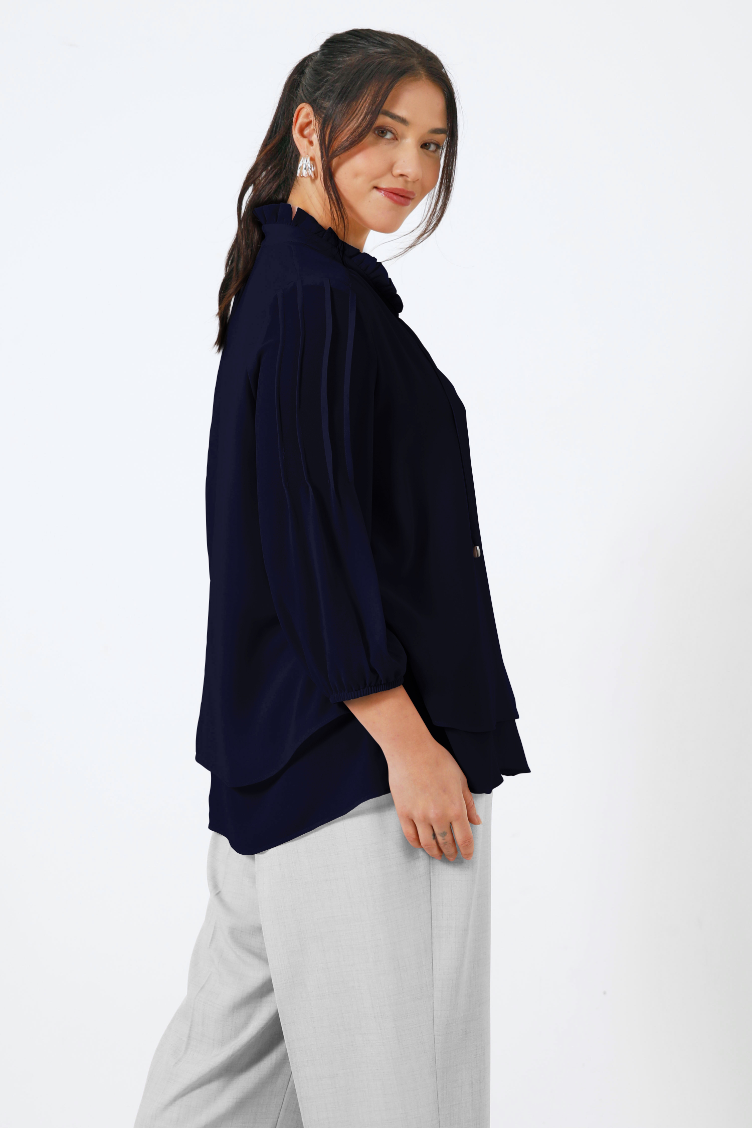 Plain voile blouse layered with a Mao collar