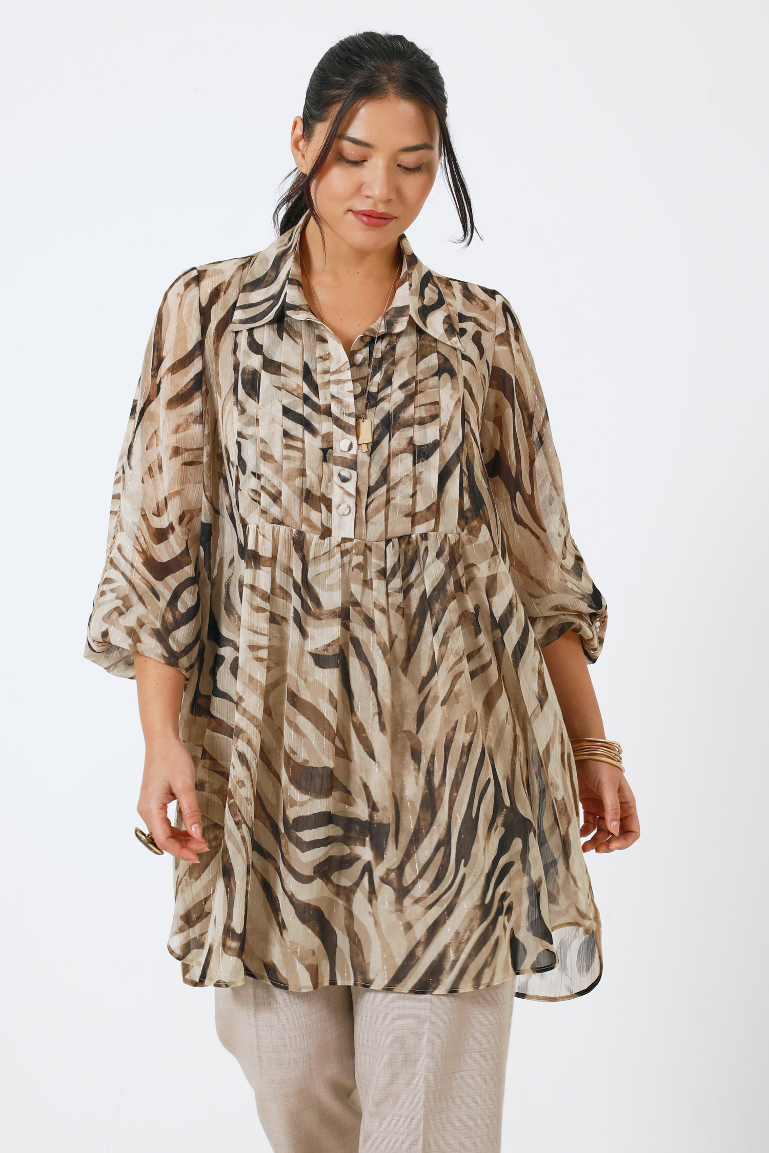 Long tunic in zebra voile with bib