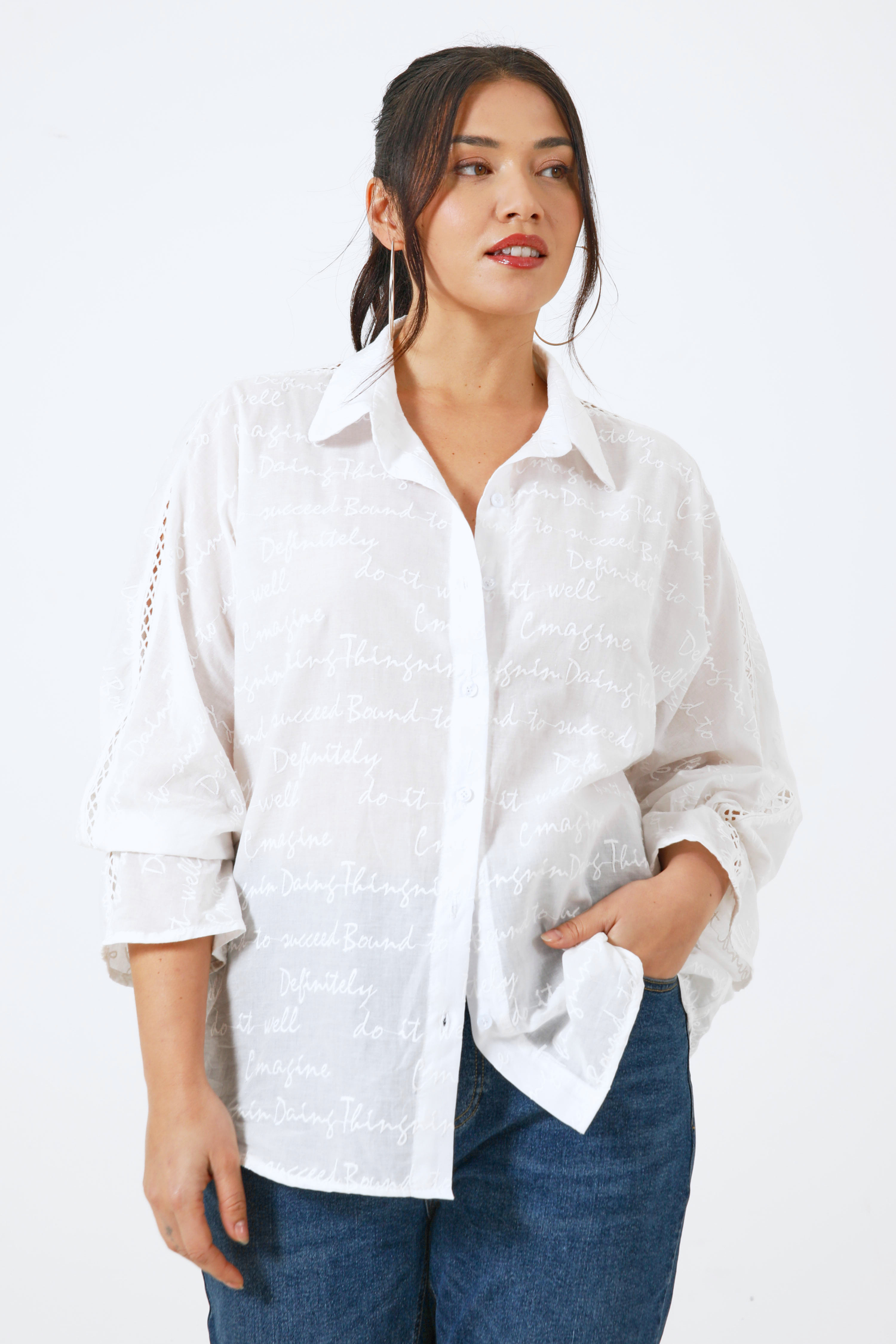 Batwing shirt in plain embroidered cotton voile and its top