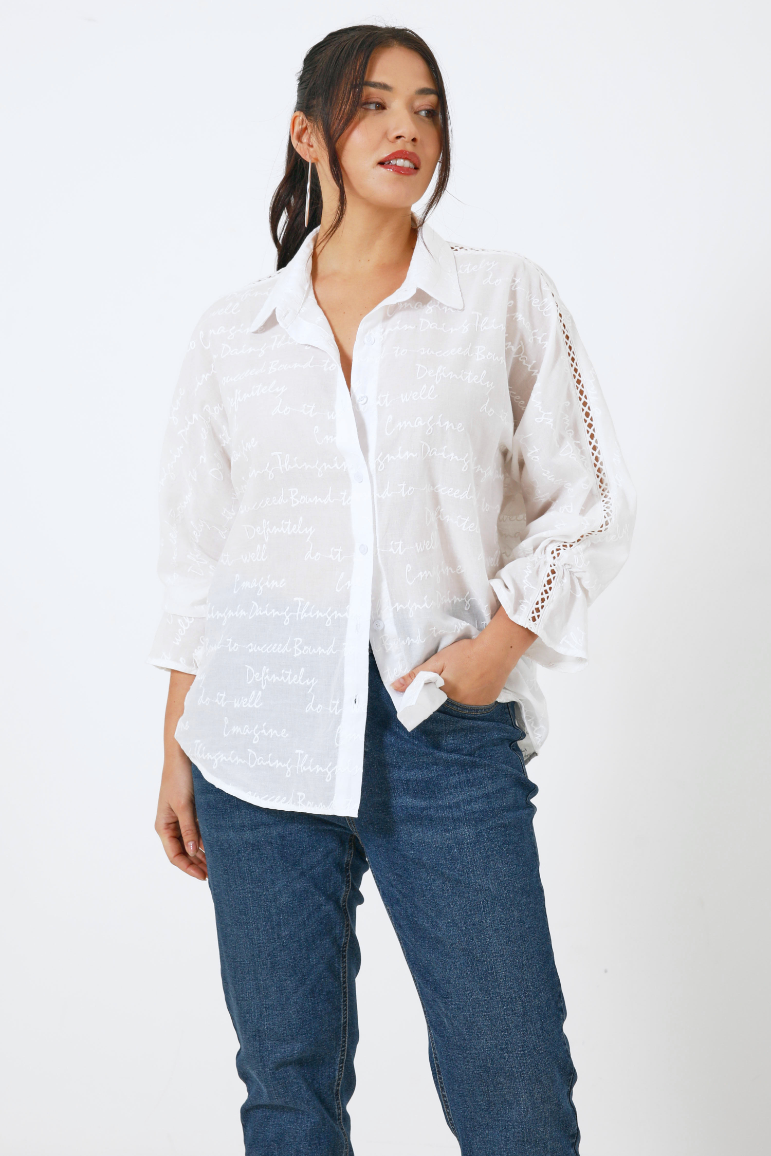 Batwing shirt in plain embroidered cotton voile and its top