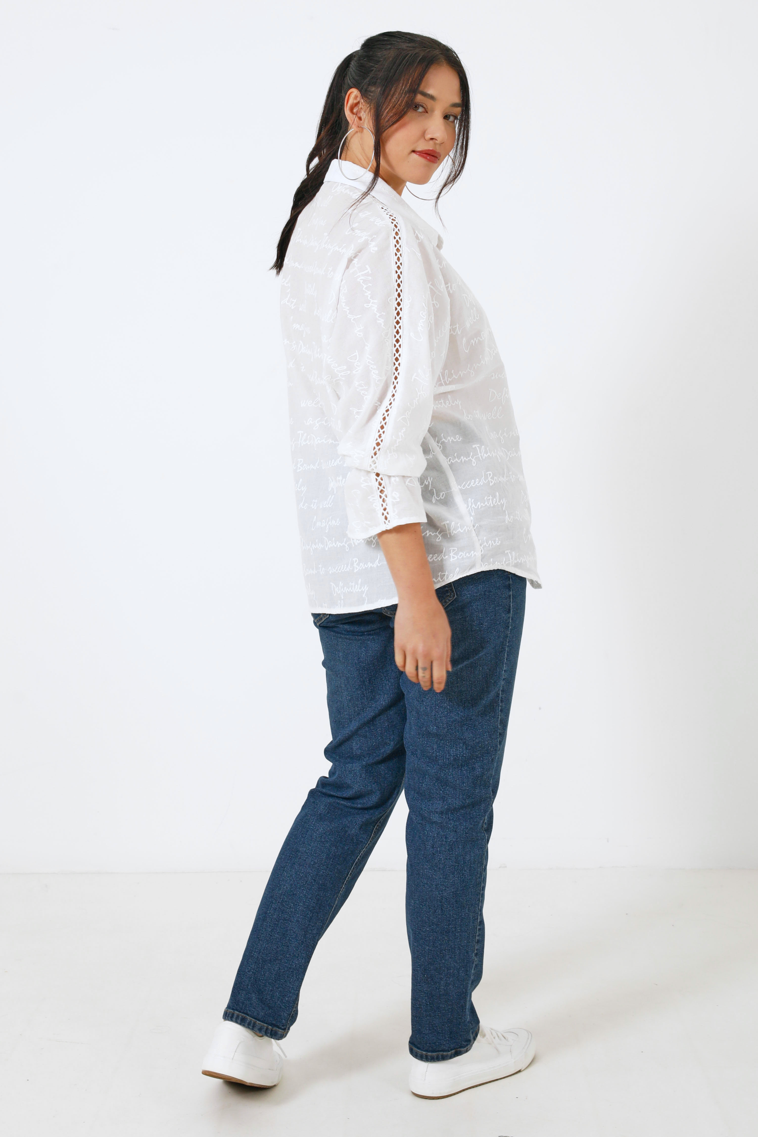 Batwing shirt in plain embroidered cotton voile and its top