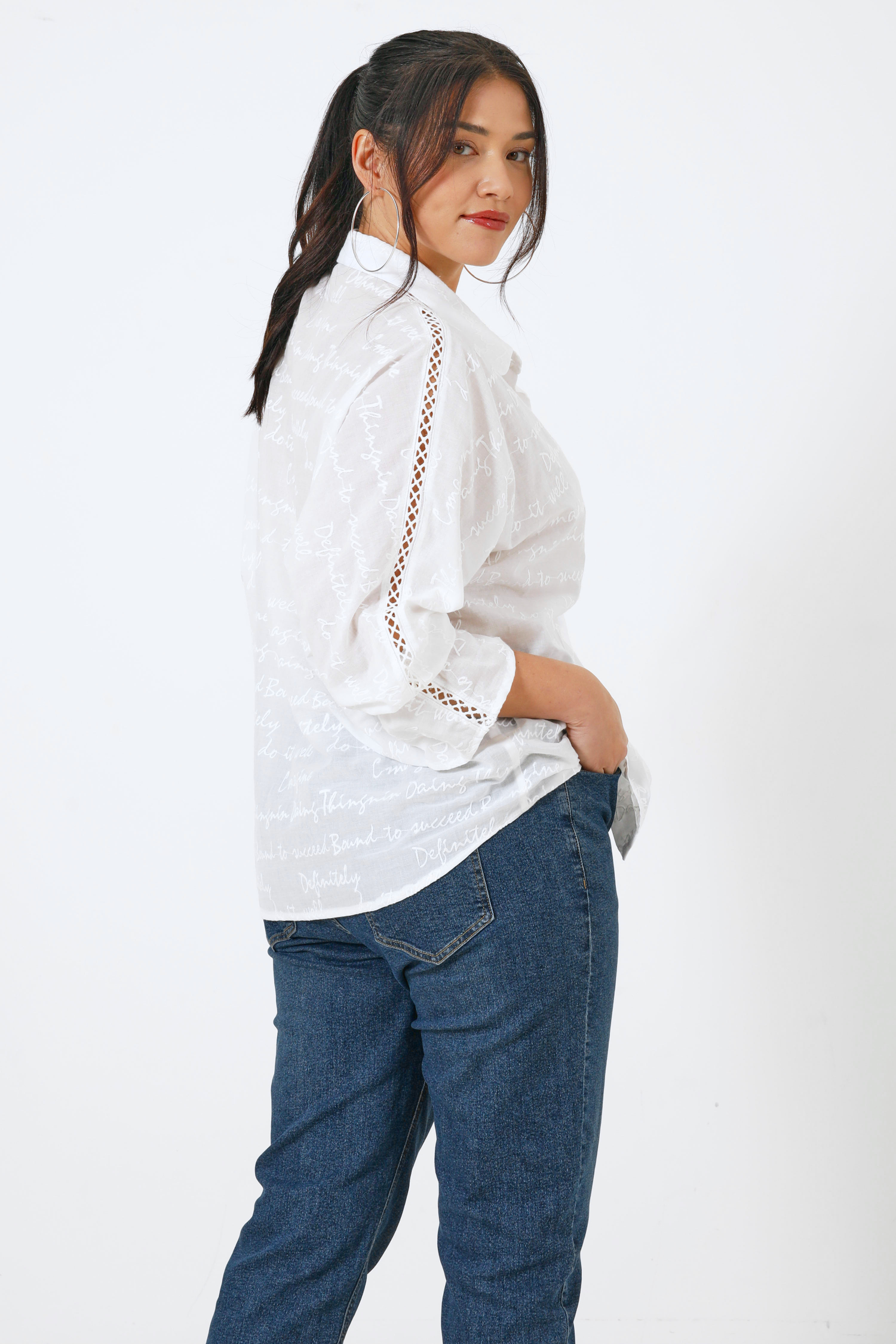 Batwing shirt in plain embroidered cotton voile and its top