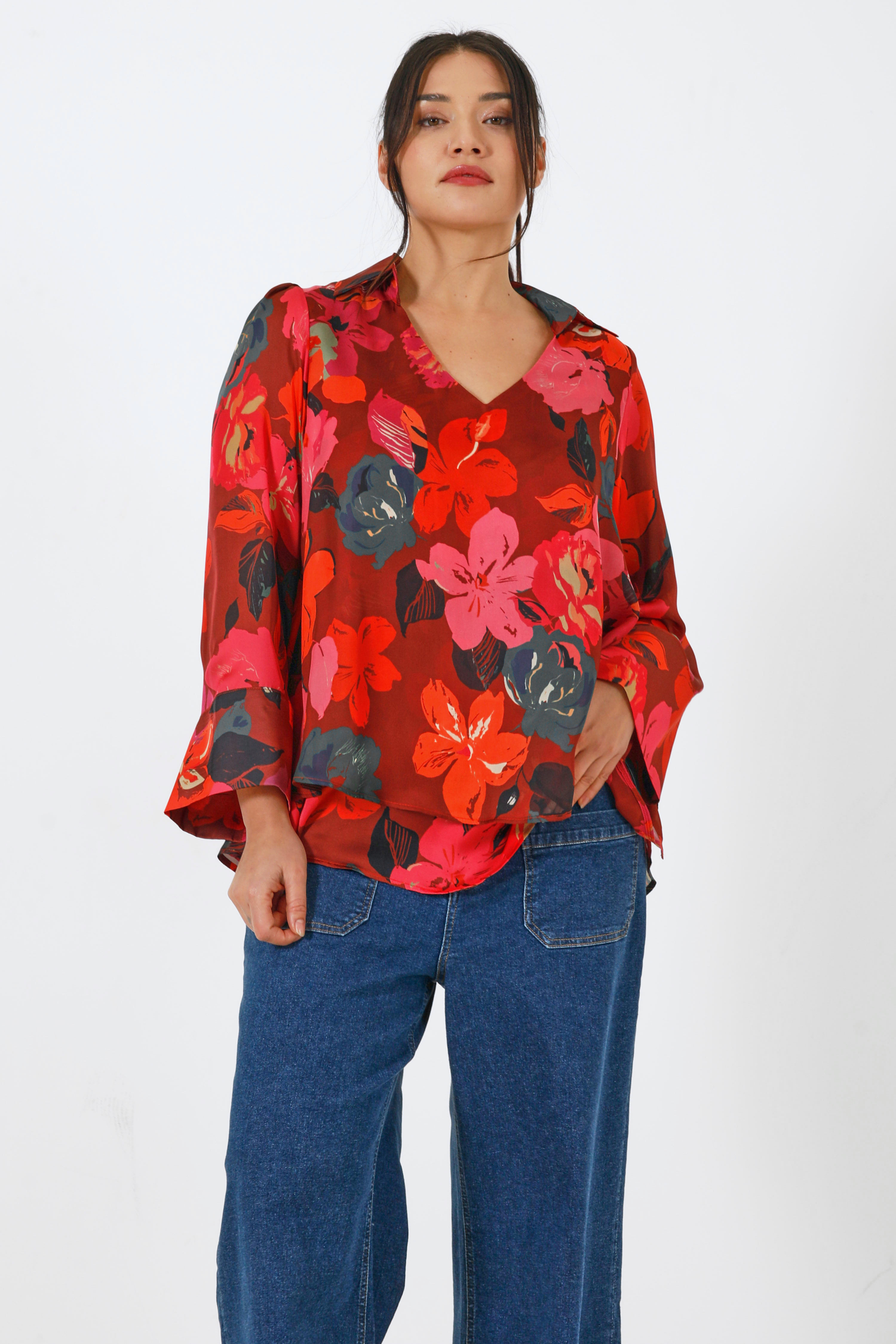 Floral print voile blouse overlay