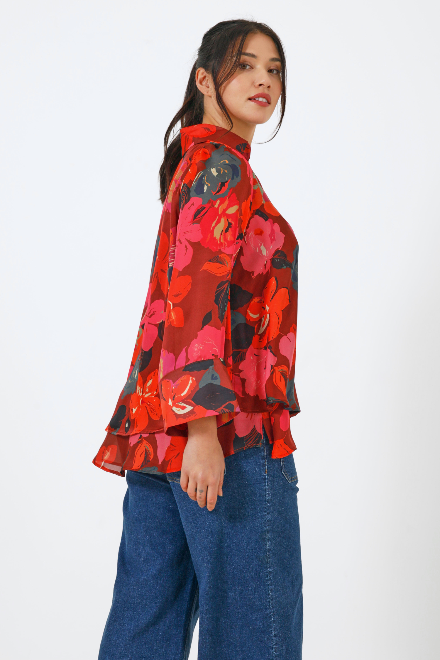 Floral print voile blouse overlay