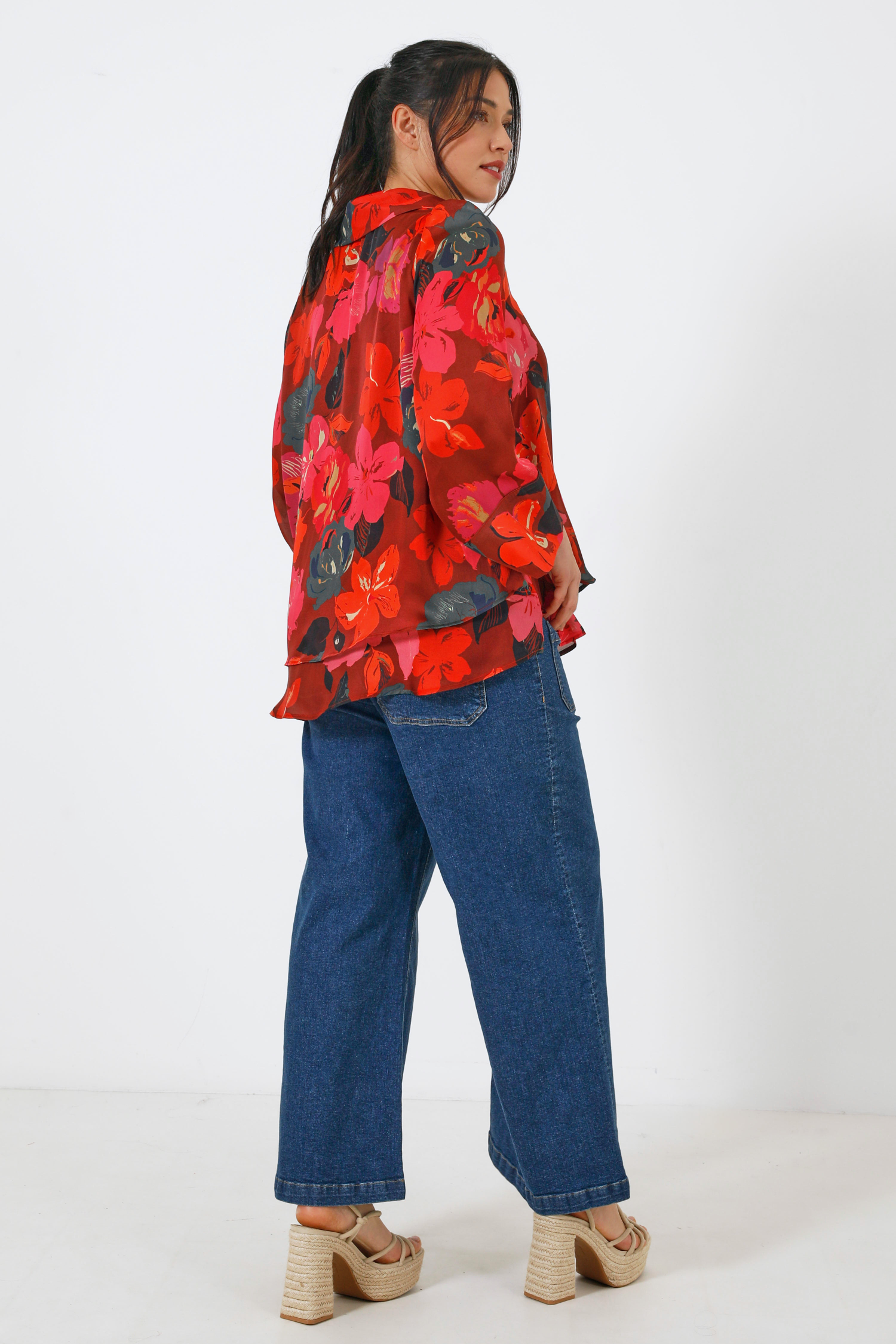 Floral print voile blouse overlay