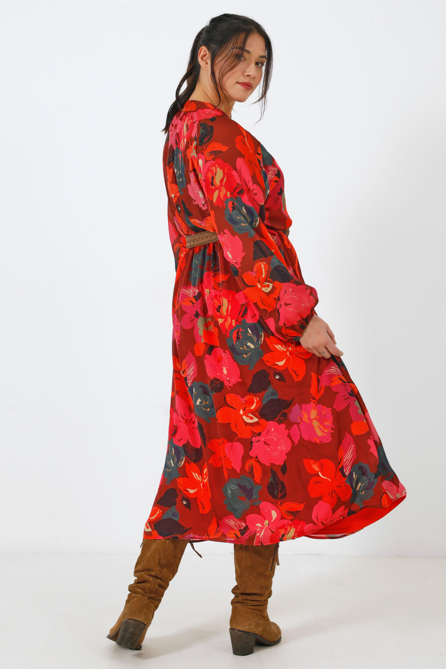 Long dress lined in printed voile with belt