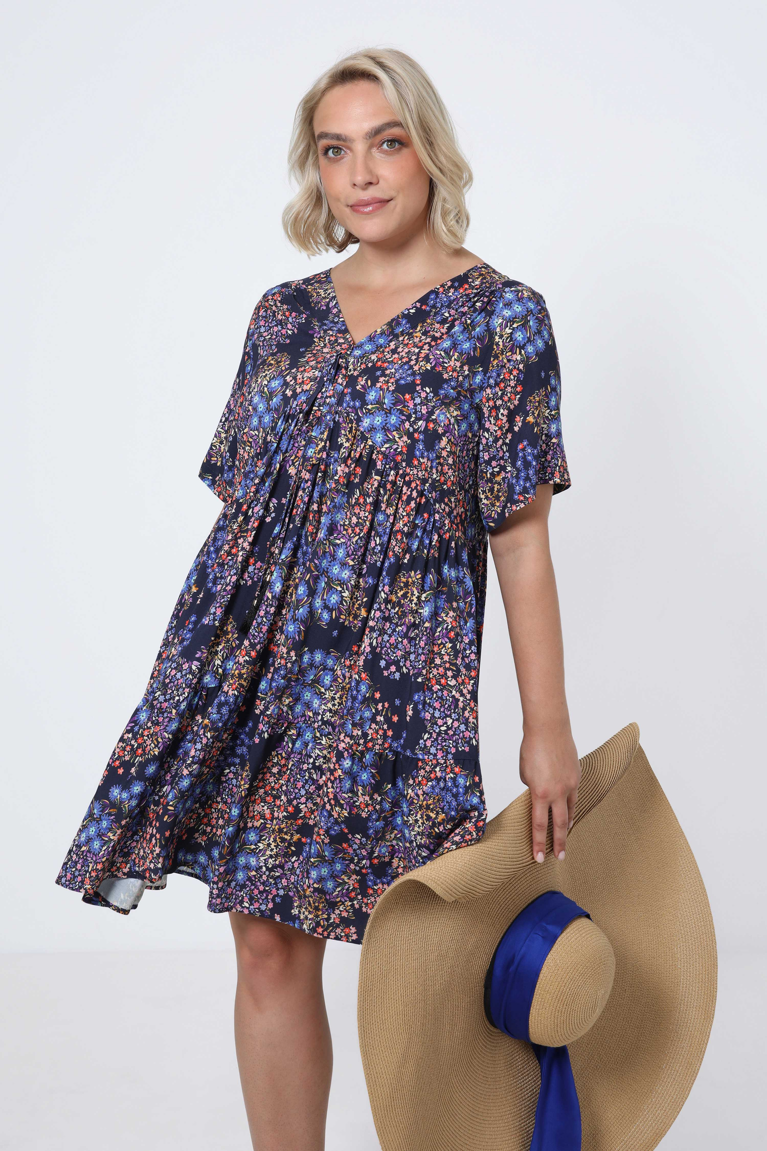 Mid-length dress in printed fibranne