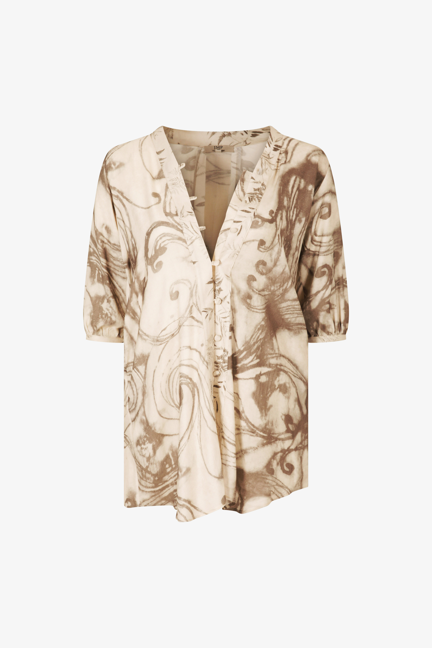 Long printed shirt in satin-effect ecovero viscose.