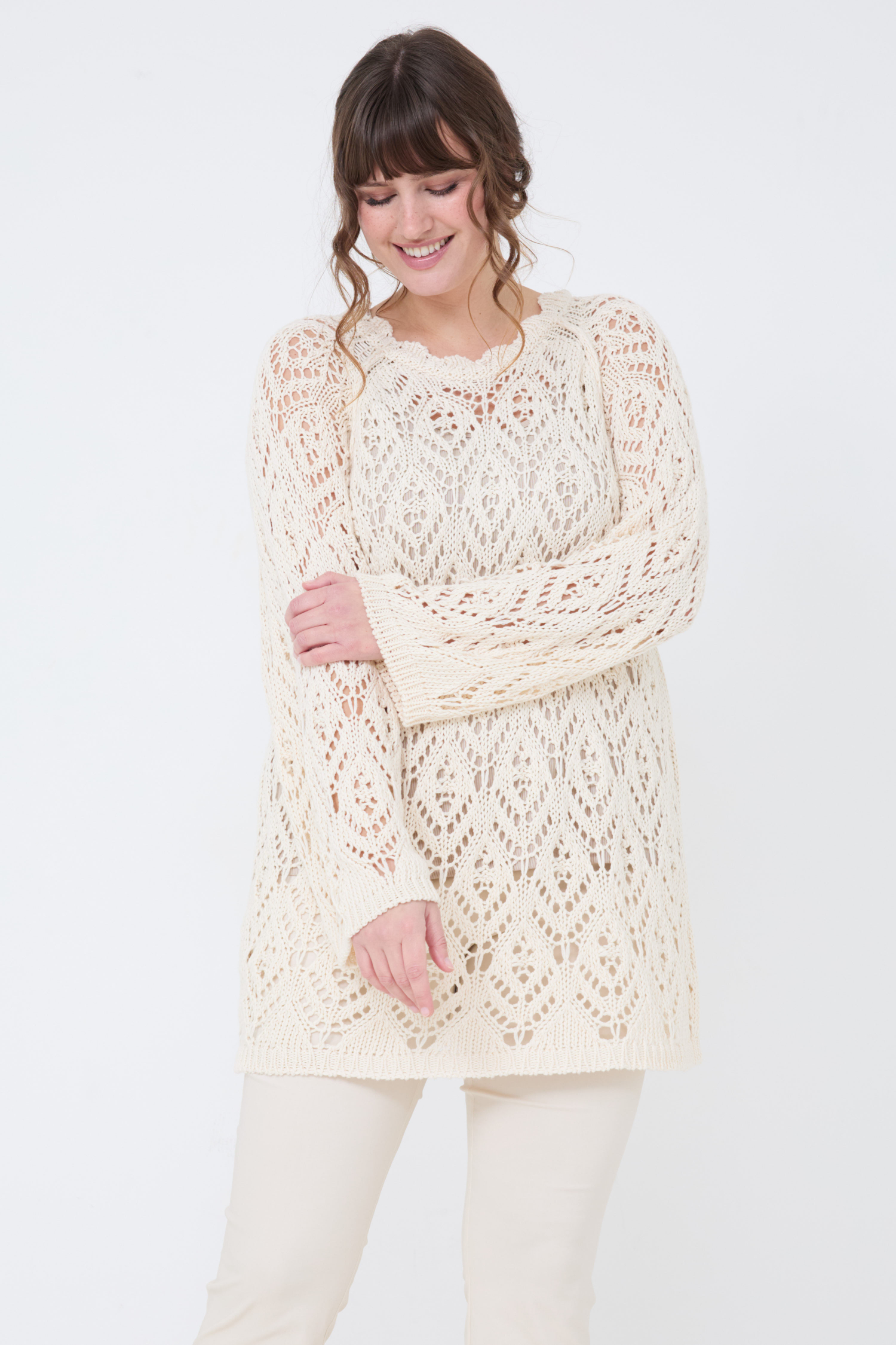 Openwork cotton knit sweater with lace effect