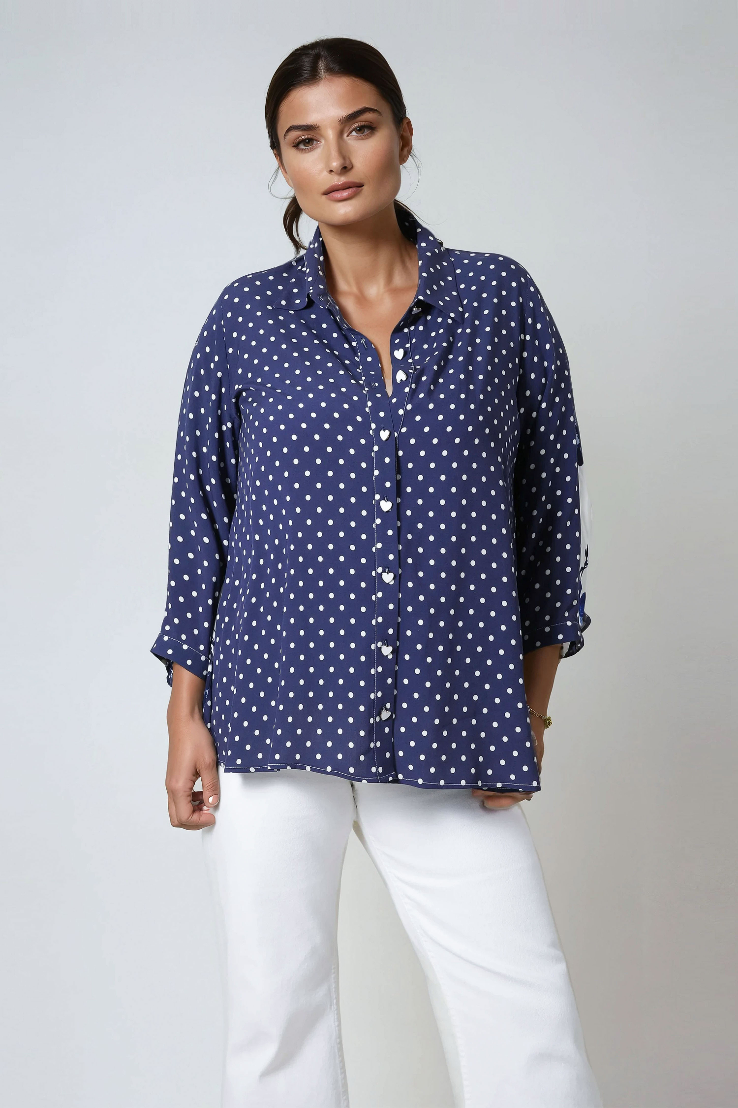 Chemise trapèze en viscose patch de pois et fleurs 