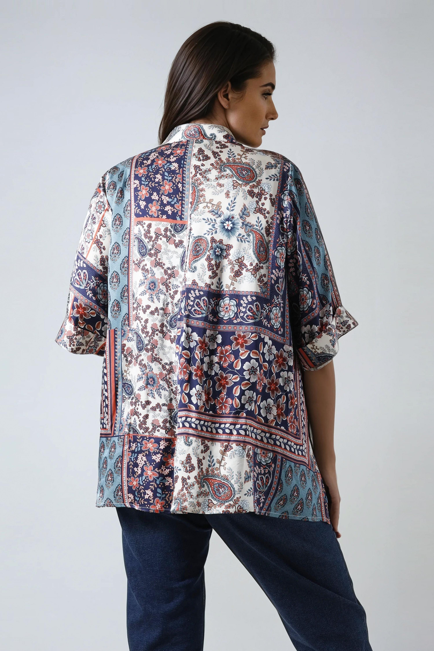 Printed viscose satin crepe mandarin collar shirt 