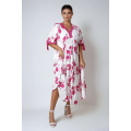 Long bohemian style dress with two flower and polka dot patterns in ultra-fluid viscose 