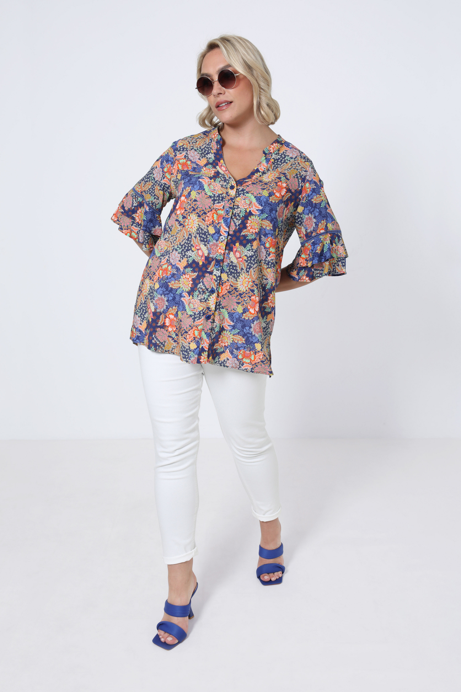Printed shirt with ruffled sleeves eco-responsible material