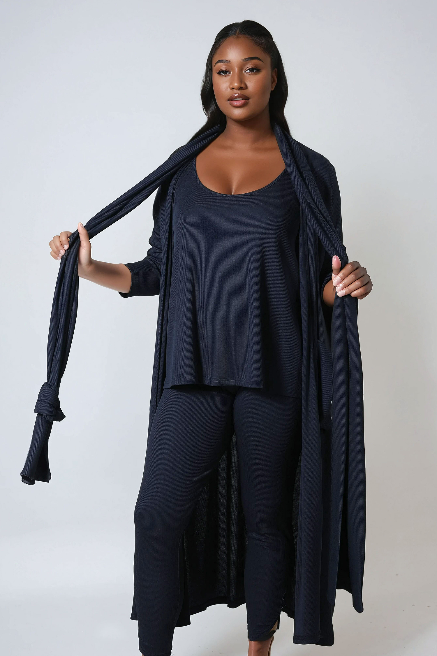 Long ribbed knit cardigan with removable scarf