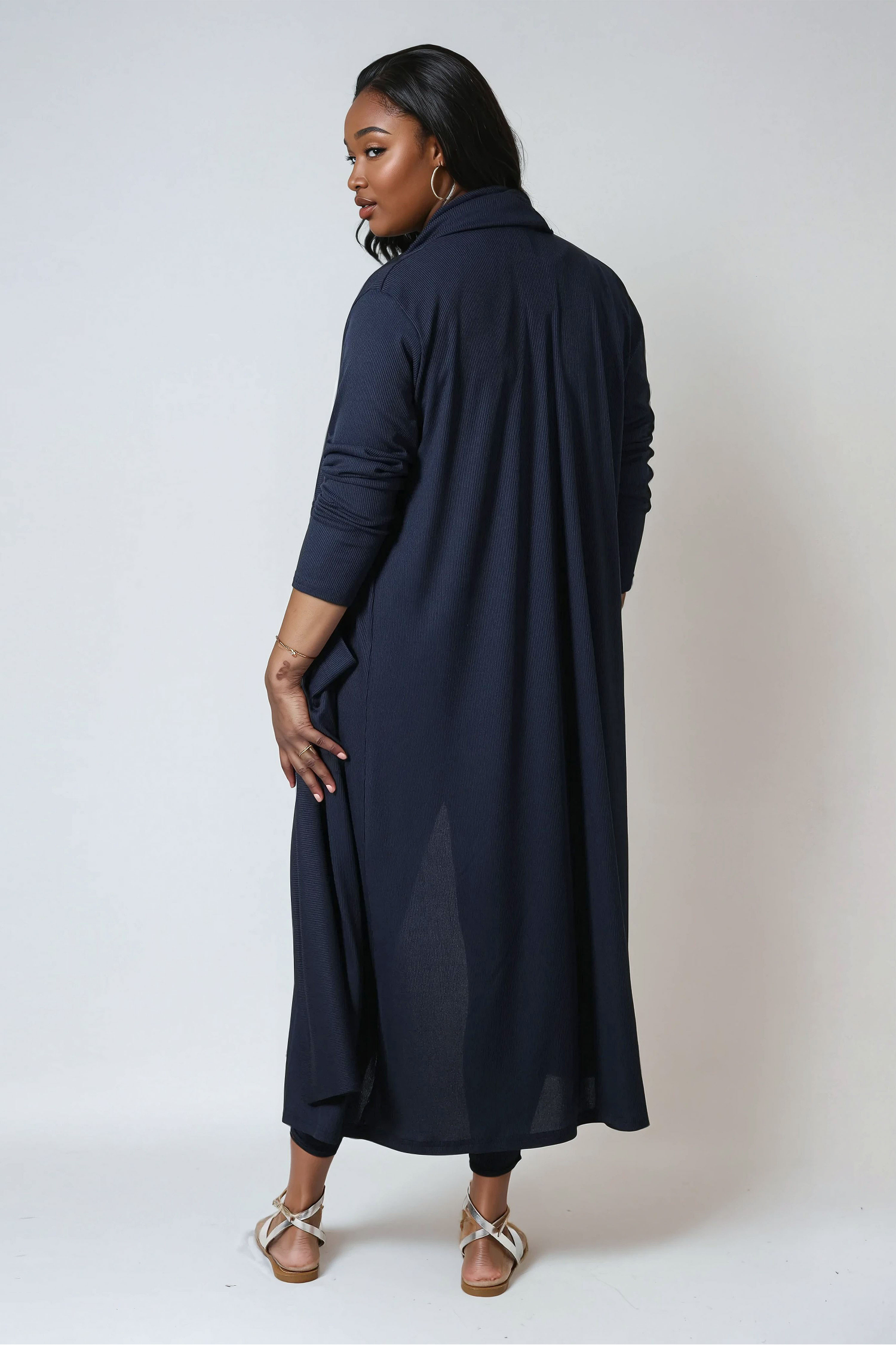 Long ribbed knit cardigan with removable scarf