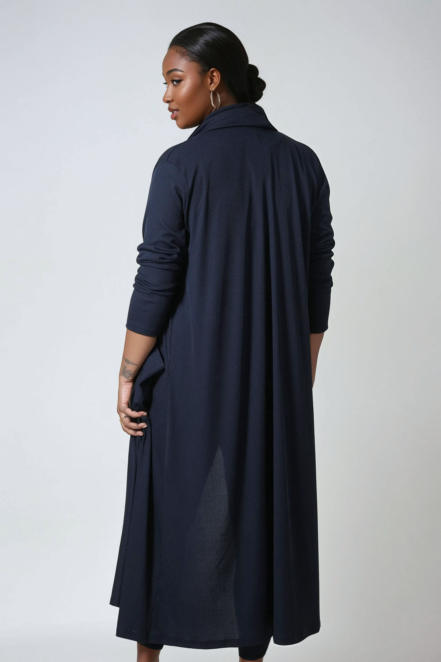 Long ribbed knit cardigan with removable scarf