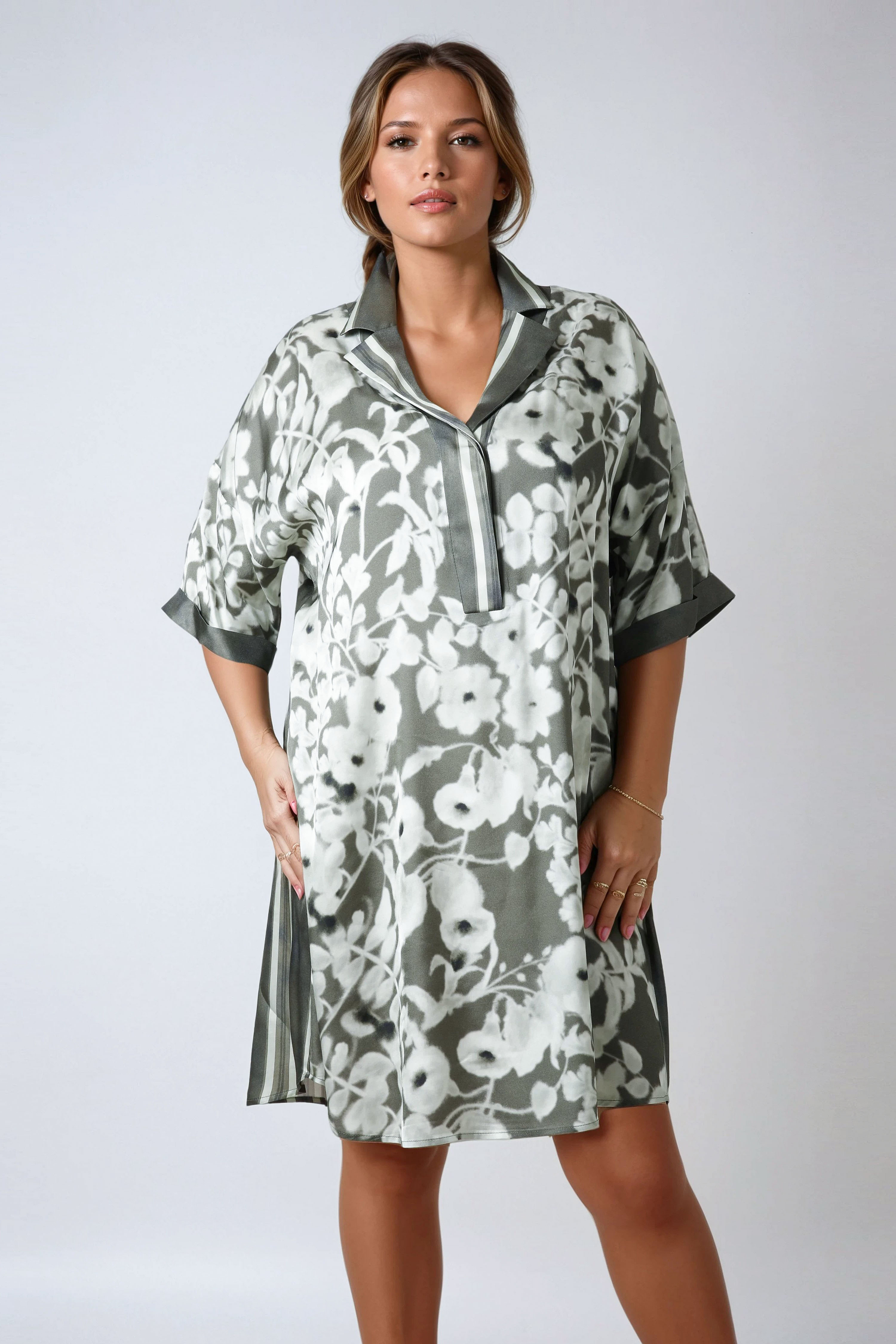 Satin dress with stripes and flowers