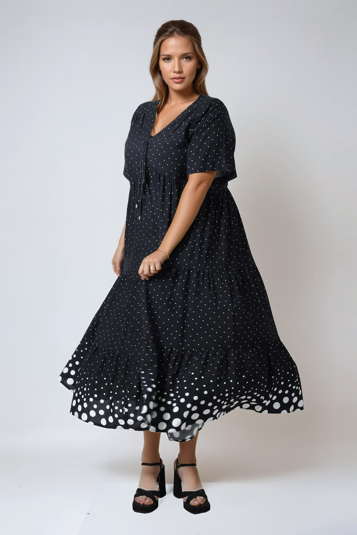 Long printed fibranne dress with hem