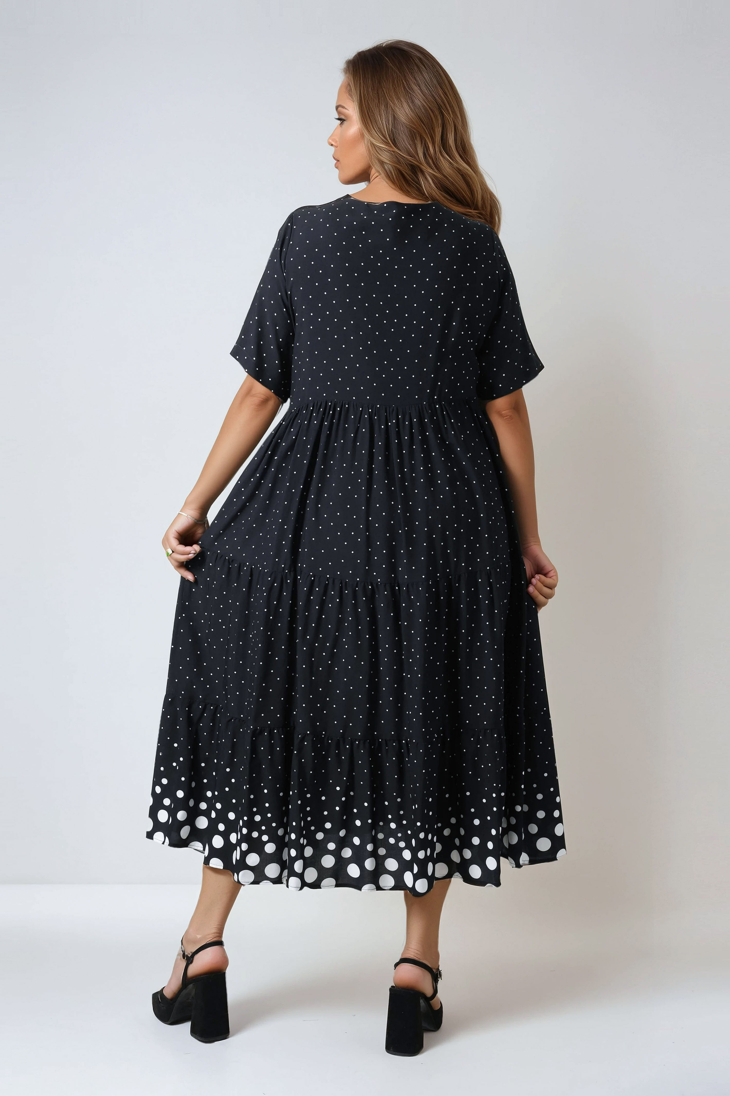 Long printed fibranne dress with hem