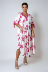 Long bohemian style dress with two flower and polka dot patterns in ultra-fluid viscose 